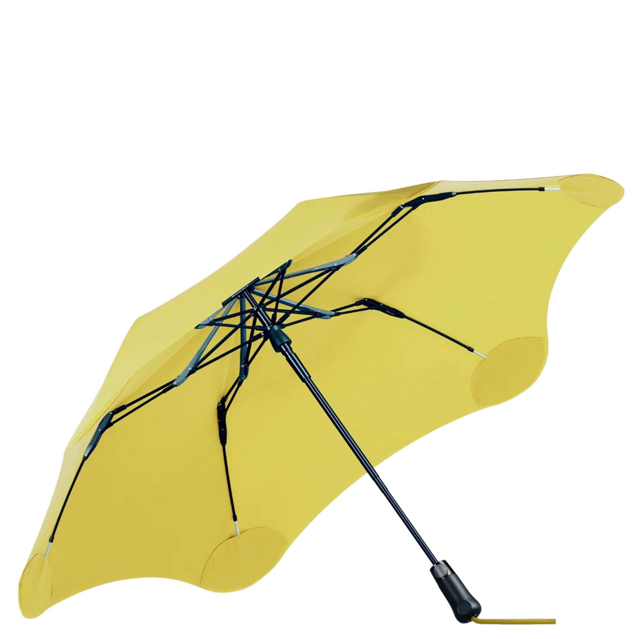 Yellow umbrella with black ribs and handle on a white background