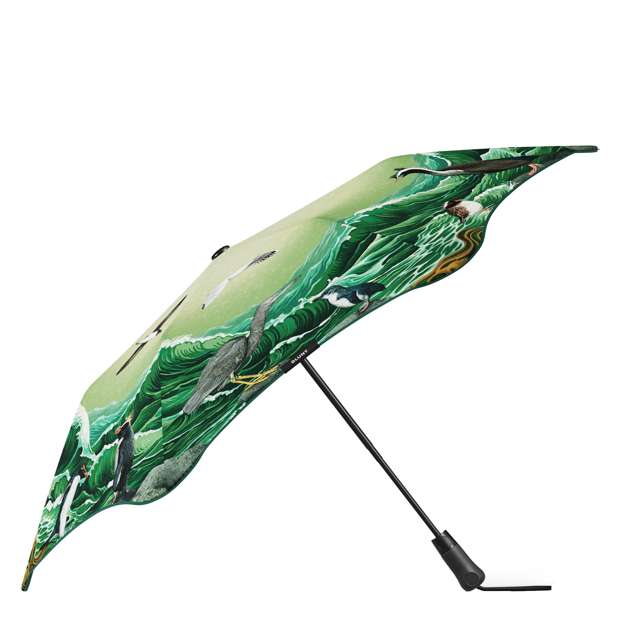 Umbrella with a green leaf pattern on a white background