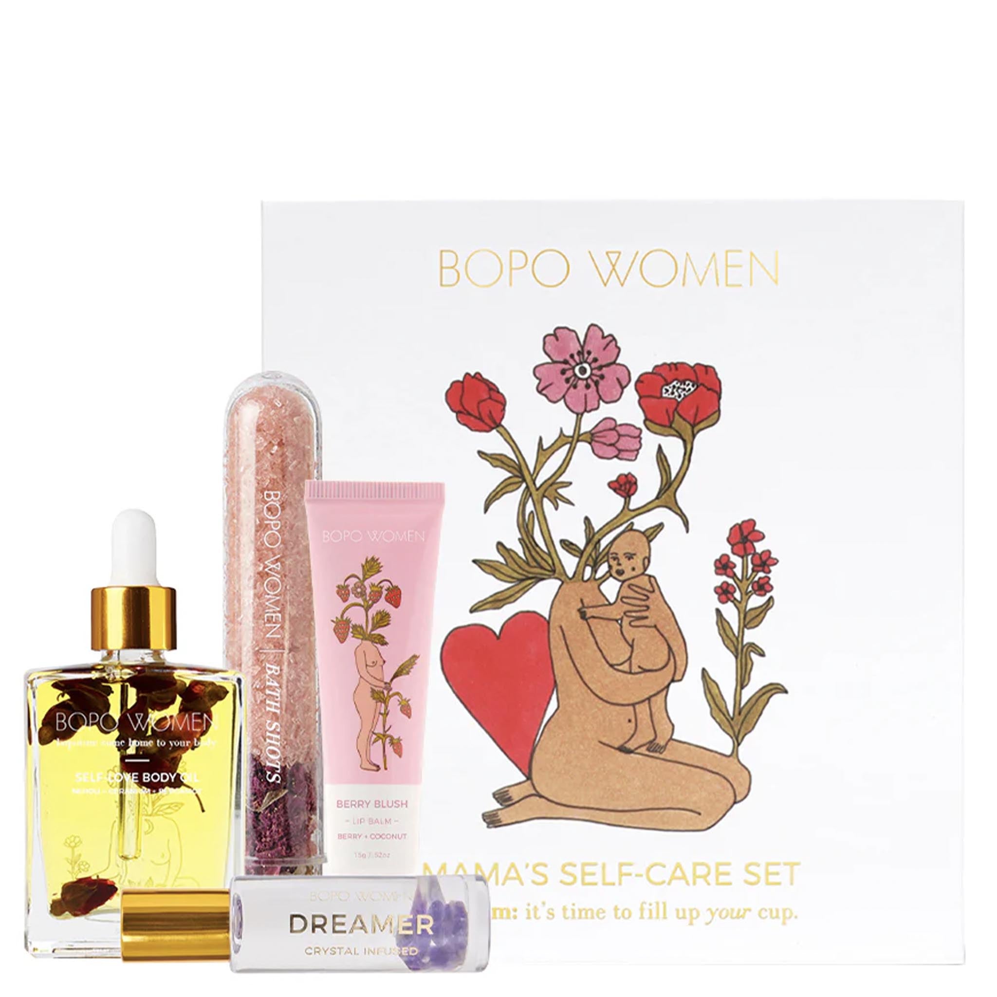 Bopo Women Mama's Self-Care Set with various products and packaging on a white background