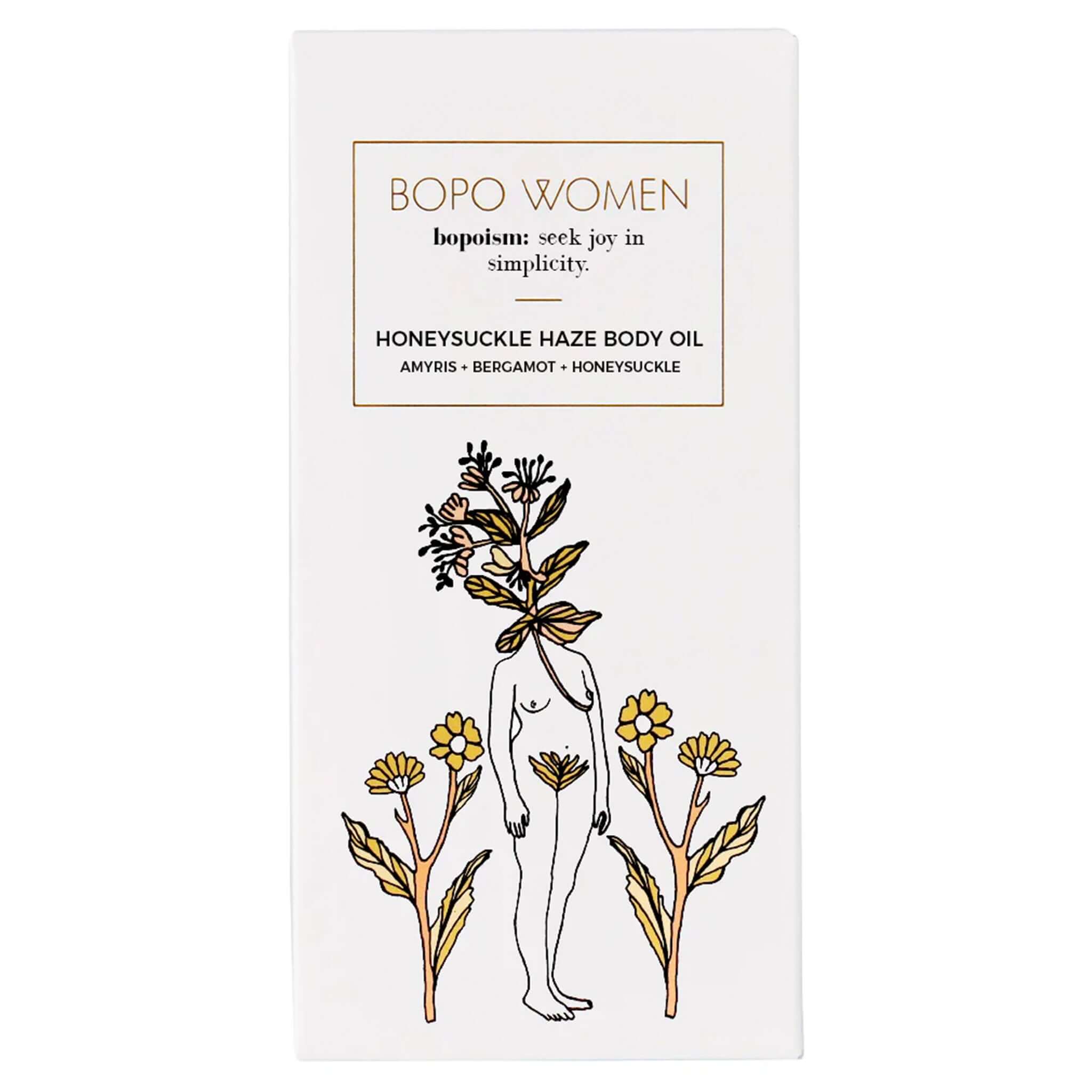 Bopo Women Body Oil - Honeysuckle Haze packaging featuring floral illustrated design.