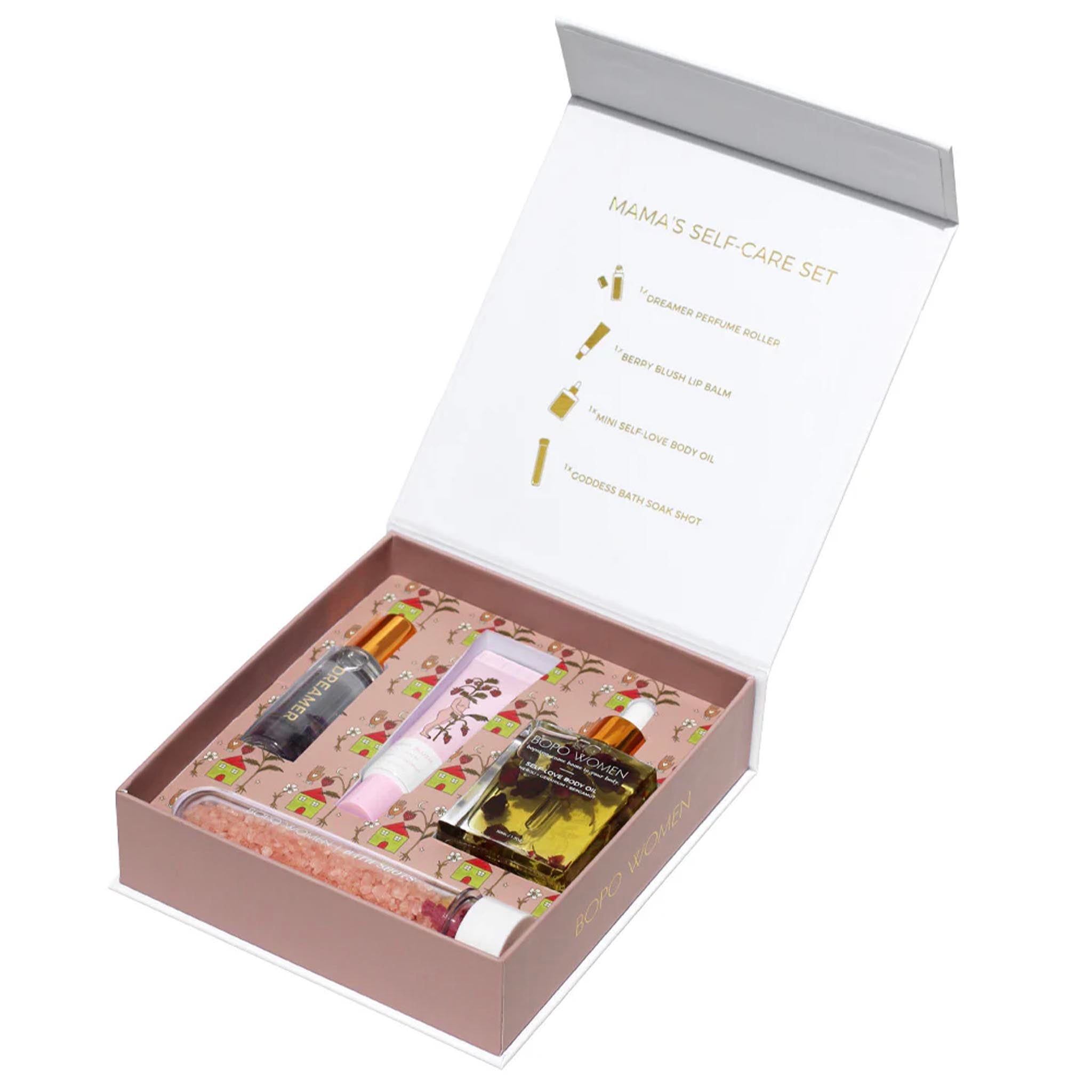 Mama's Self Care Set with various items in an open box on a white background