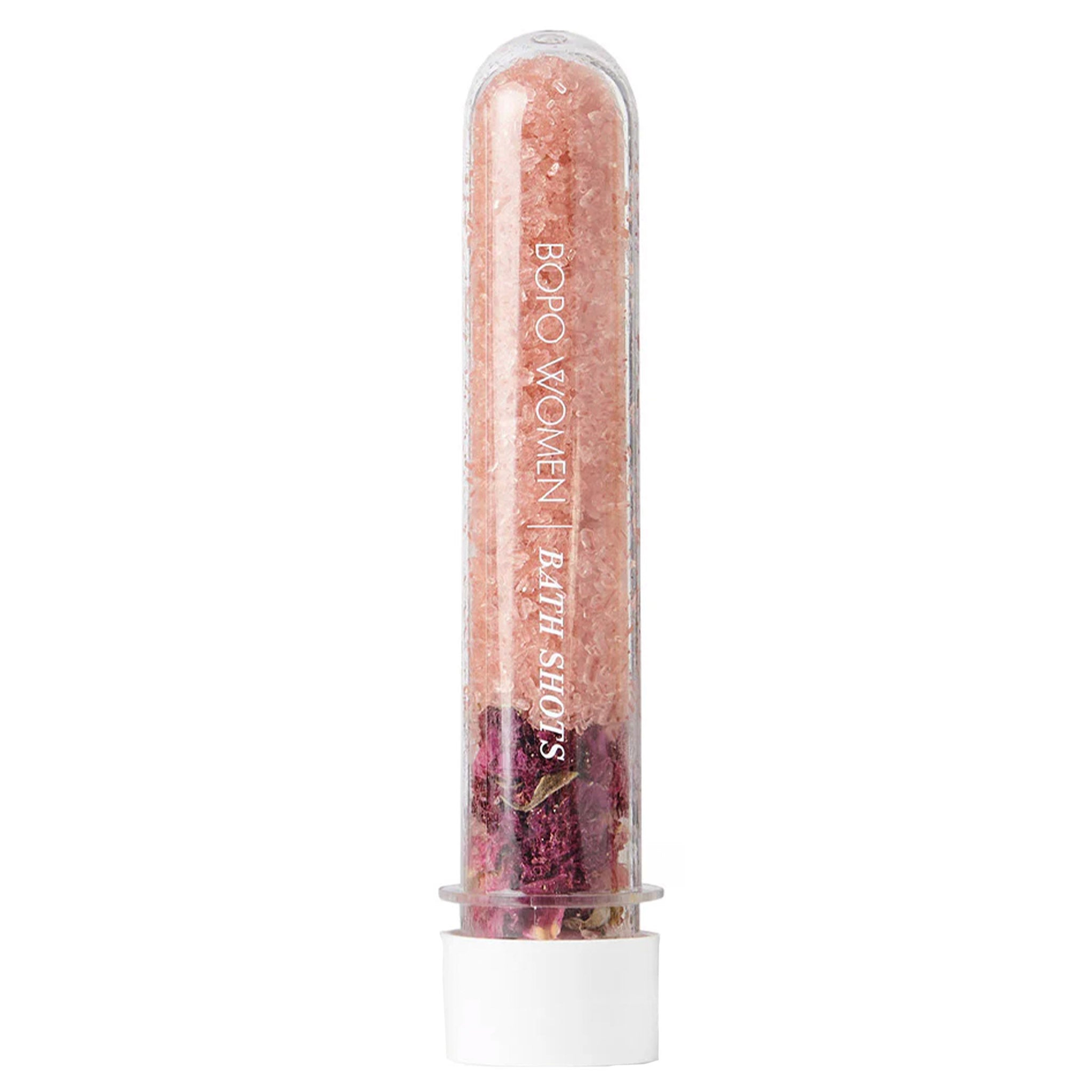 Bath salts in a clear plastic tube with visible text on a white background