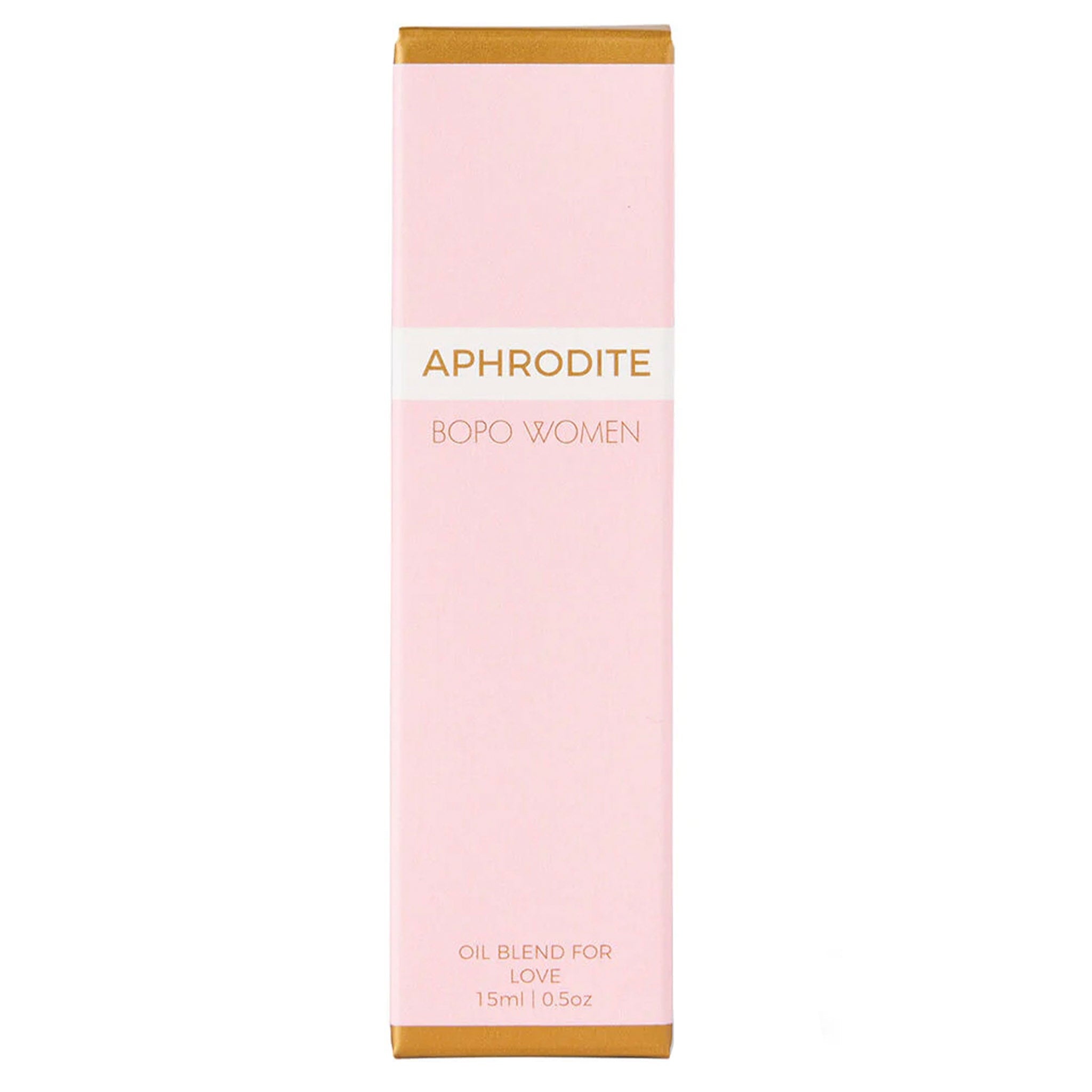 Pink box of Aphrodite Bopo Women oil blend for love on a white background