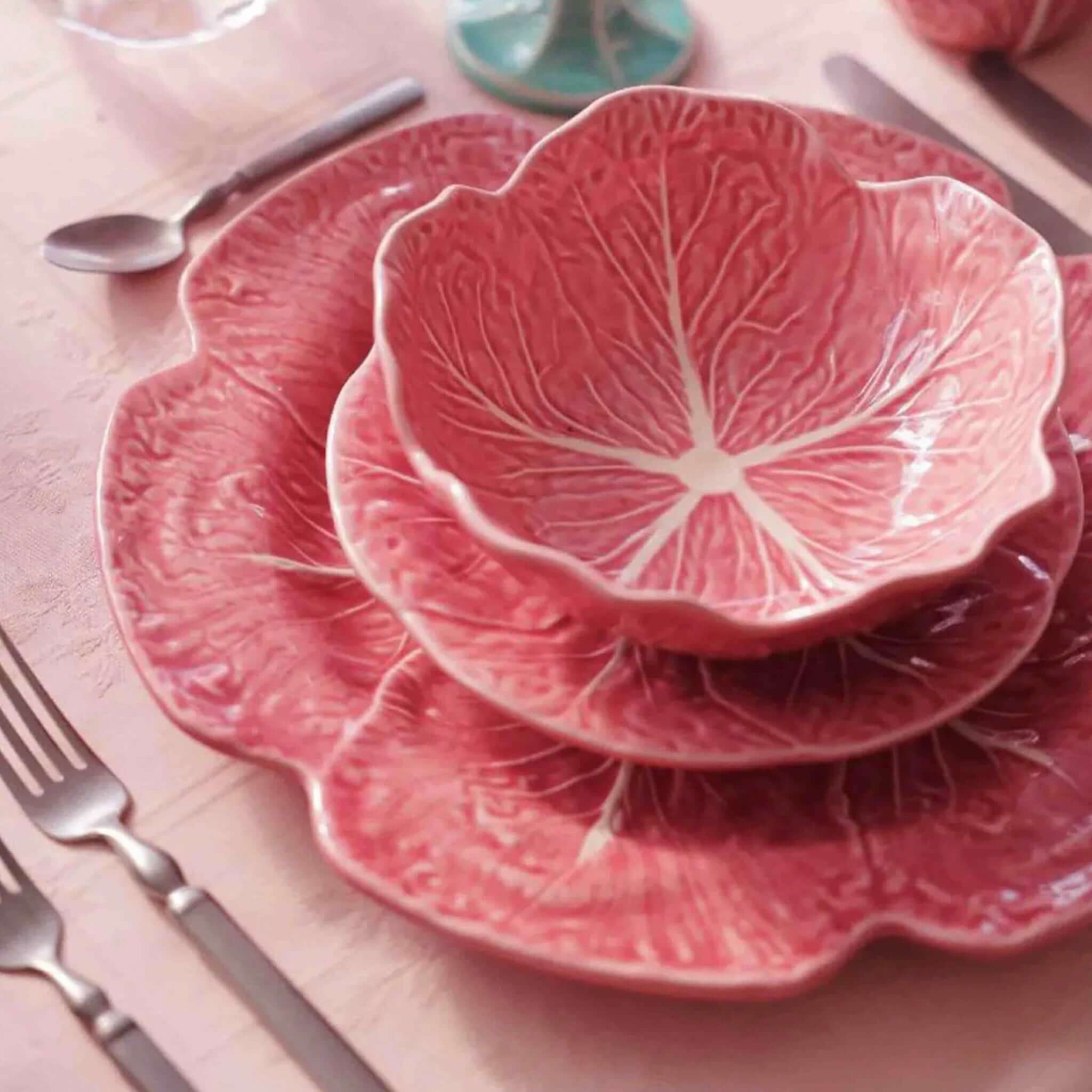 Bordallo Pinheiro Ceramic Dinner Plate 26.5cm - Pink Cabbage in a stylish table setting with pink ceramic dishware.