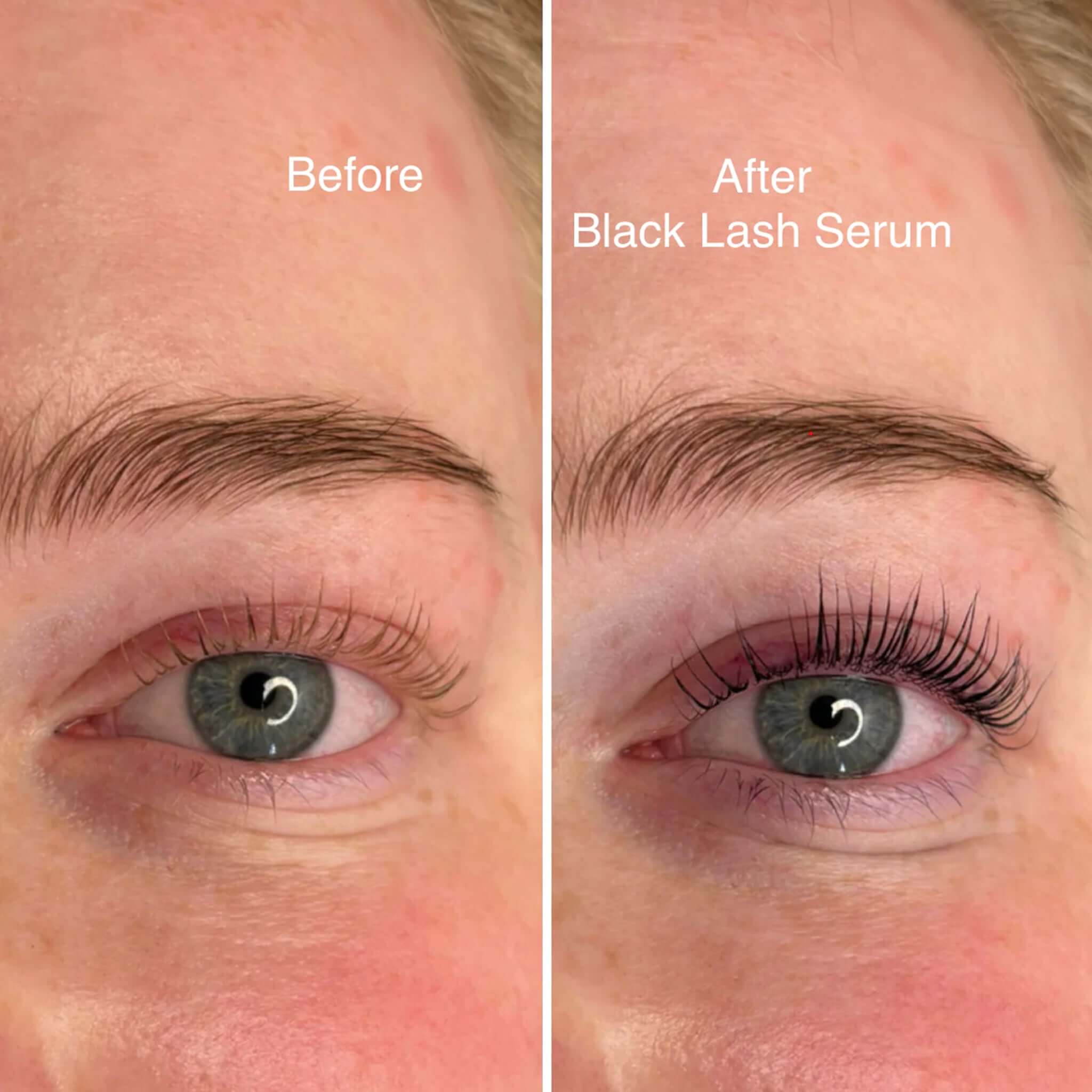 Bored Brows Black Lash Serum before and after results showing longer, thicker, darker lashes with subtle black tint
