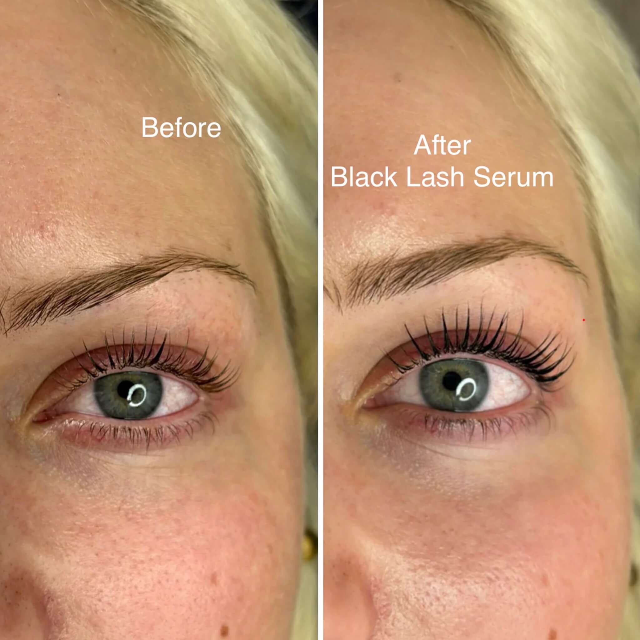 Bored Brows Black Lash Serum before and after results showing longer, thicker, darker lashes with subtle black tint