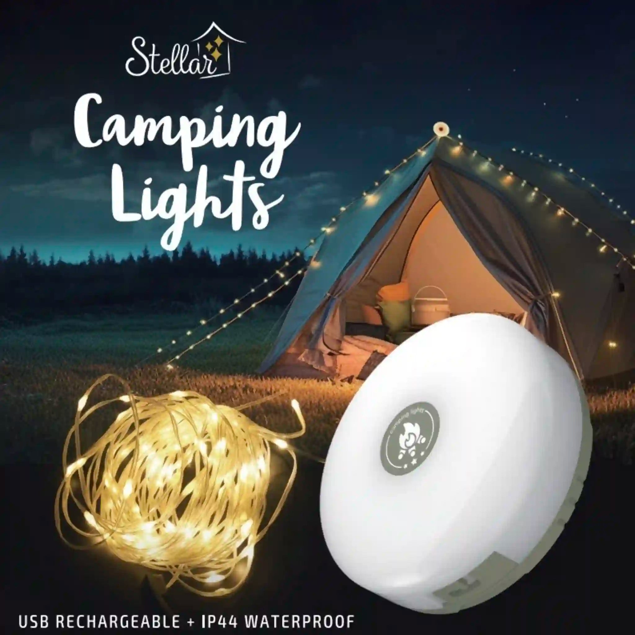 Retractable string of warm white LED lights, with the lights displaying a cozy, ambient glow.