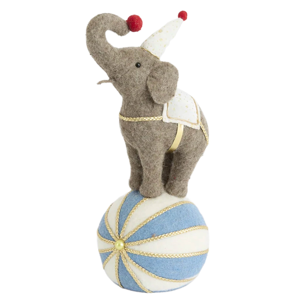 Carnival Balancing Elephant on a Ball - 41cm, grey elephant on a blue and white striped ball with gold detailing