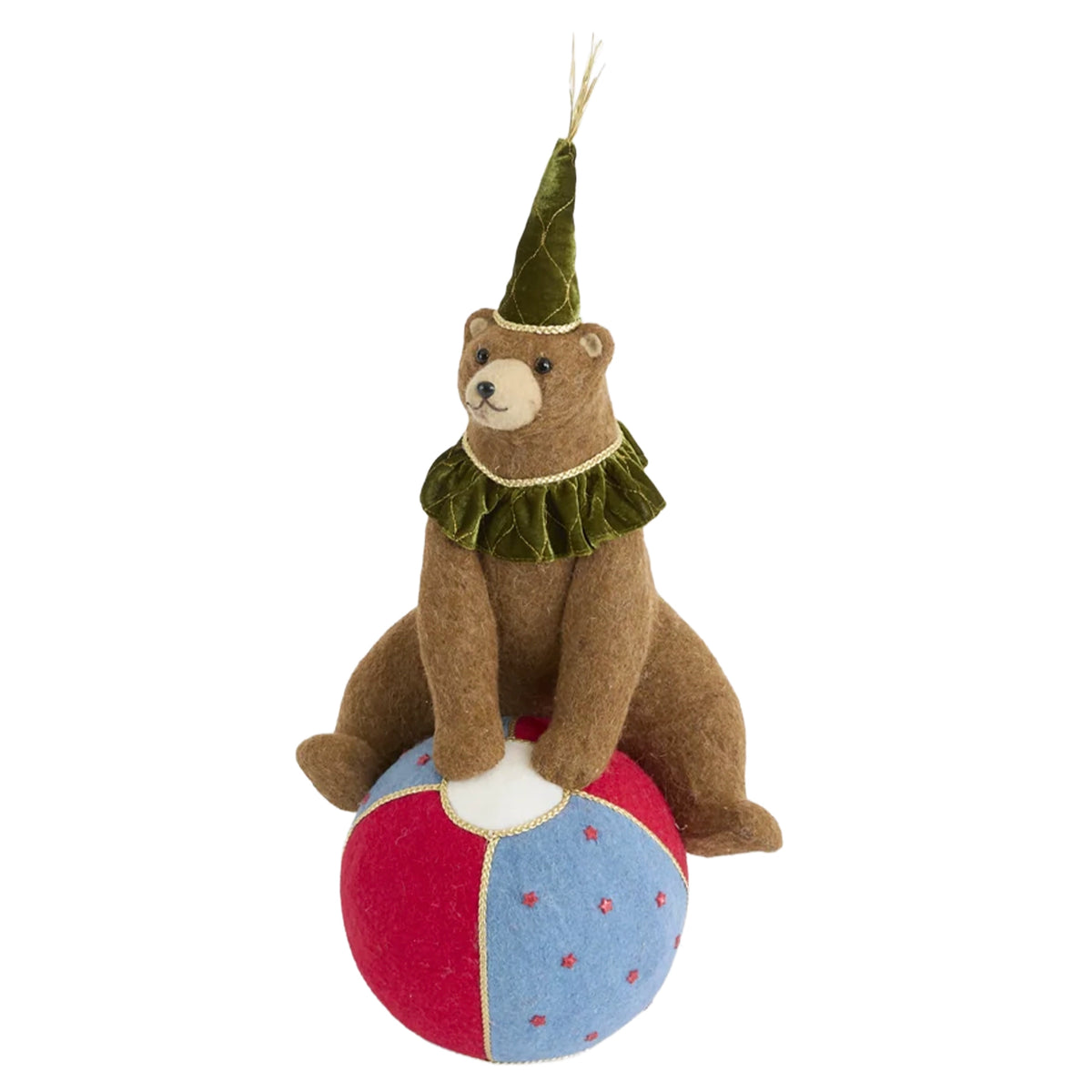 Carnival Bear on a Ball - 60cm, brown bear perched on a red, blue and white circus ball