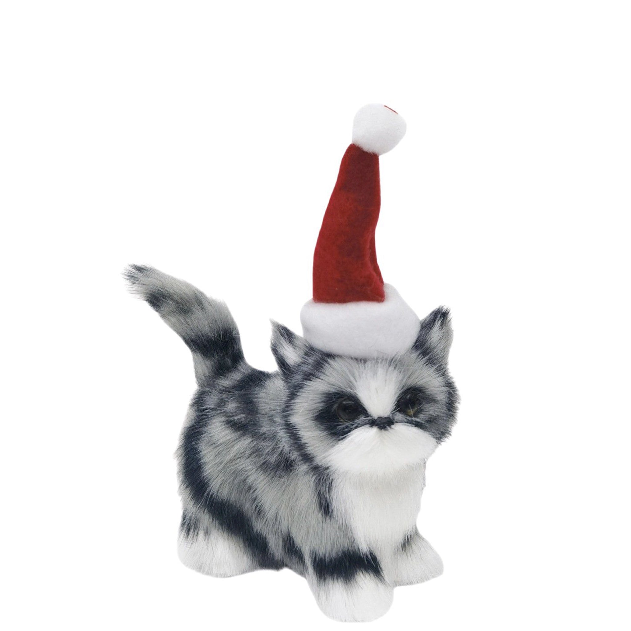 Plush cat toy with a Santa hat on a white background