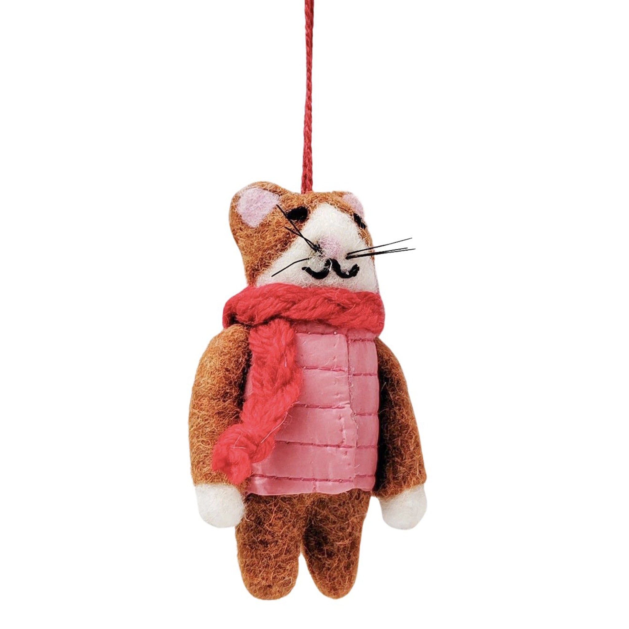 Stuffed animal toy with a pink puffer jacket and red scarf on a white background