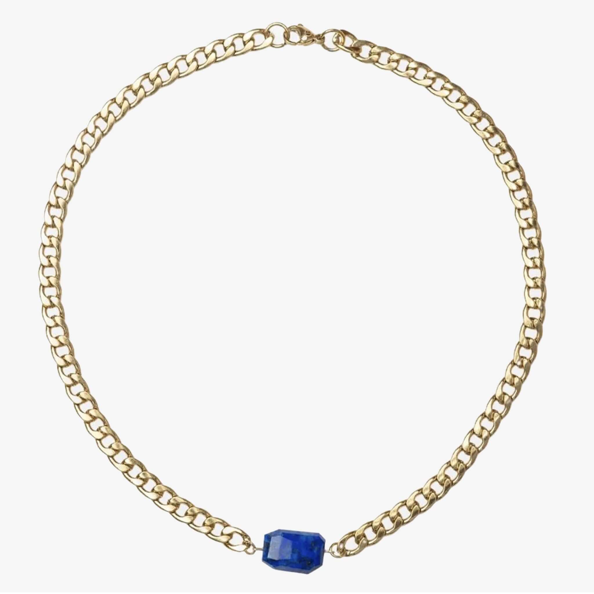 Cathy Pope Chunkette Gold Necklace - Lapis Lazuli featuring a gold chain and natural lapis gemstone.