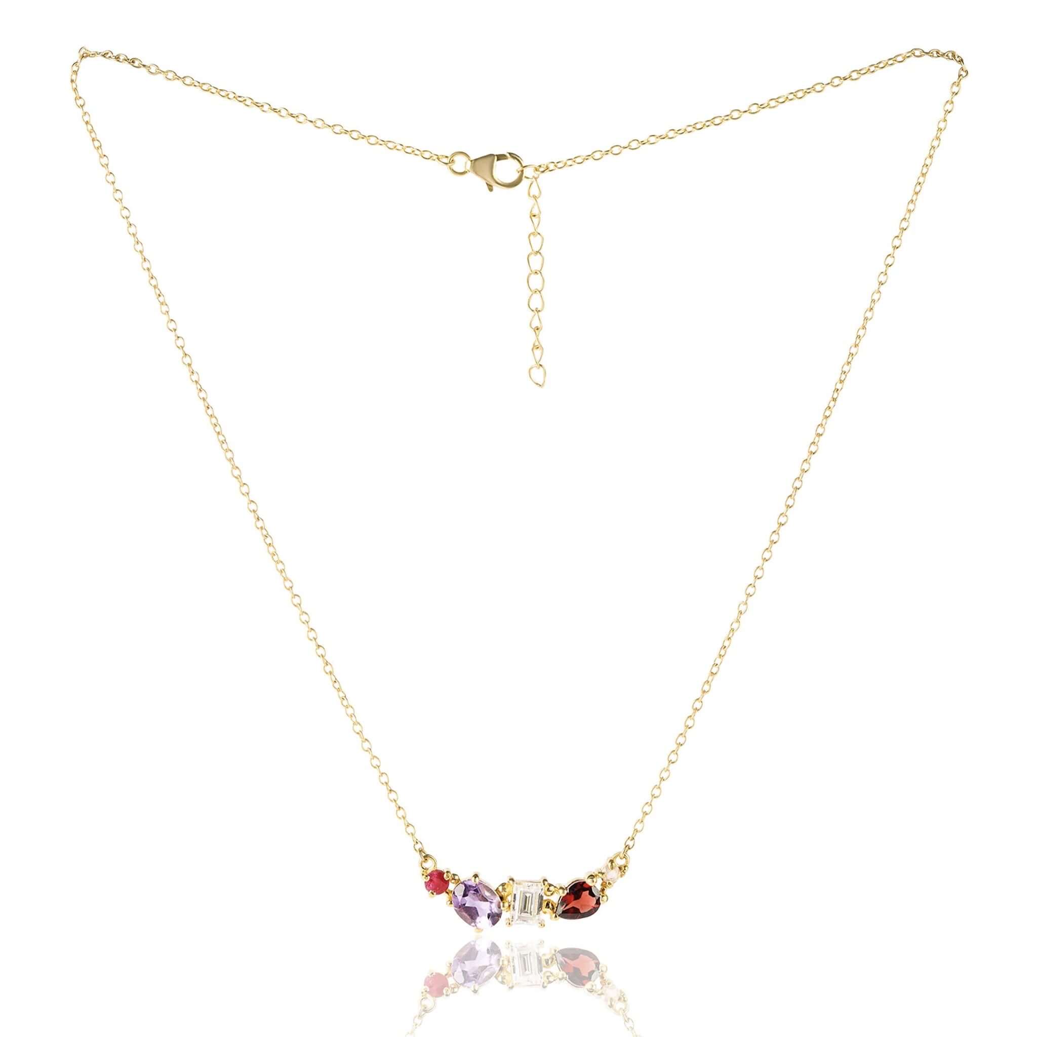 Cathy Pope Elements Collection Gold Necklace - Fire featuring amethyst, garnet, ruby, and moissanite on a gold chain.