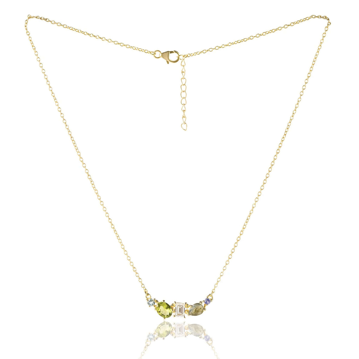 Cathy Pope Elements Collection Gold Necklace - Water featuring peridot, labradorite, topaz gemstones on a gold chain.