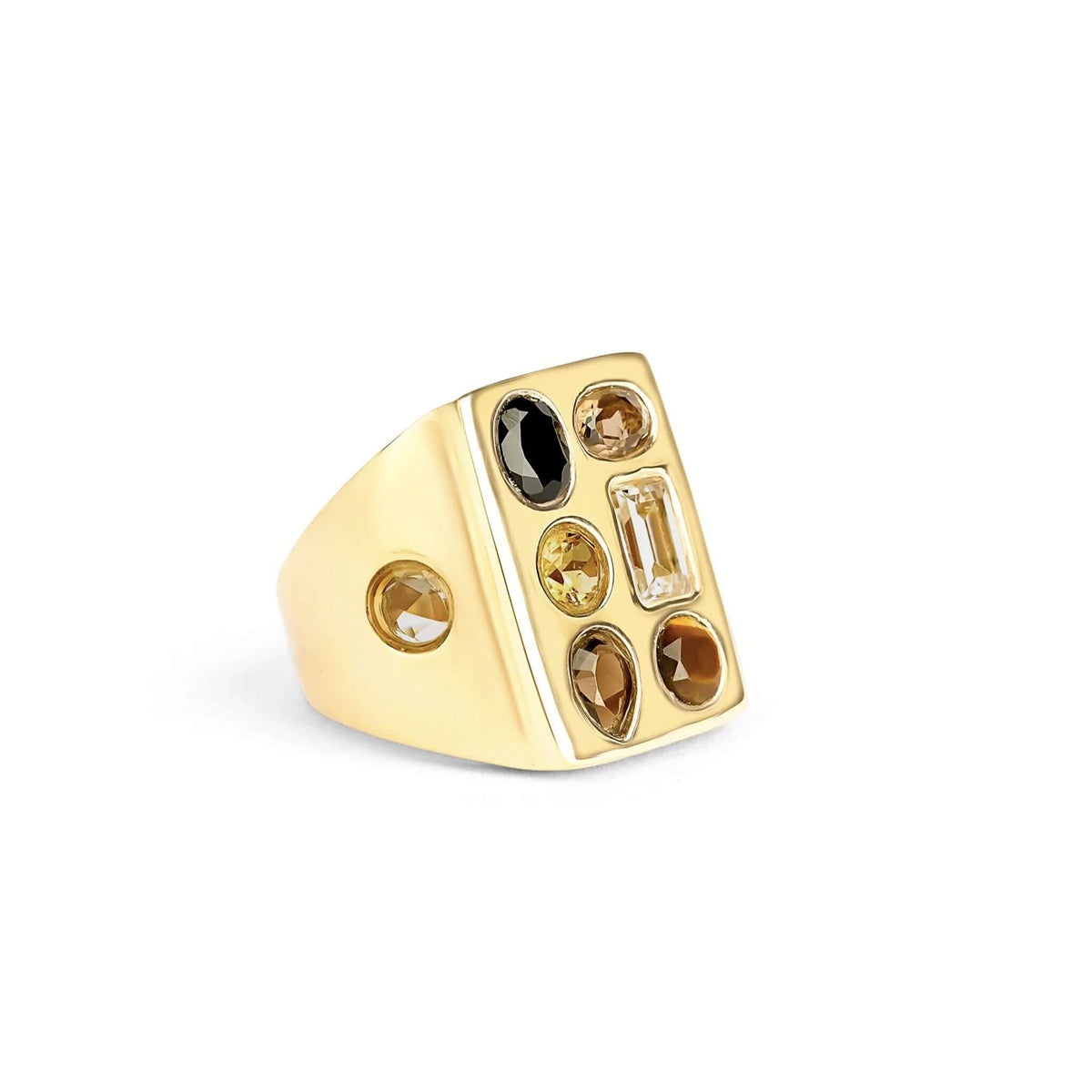 Cathy Pope Elements Collection Gold Ring - Earth featuring smoky quartz, citrine, and earthy gemstones in 14k gold-plated brass.
