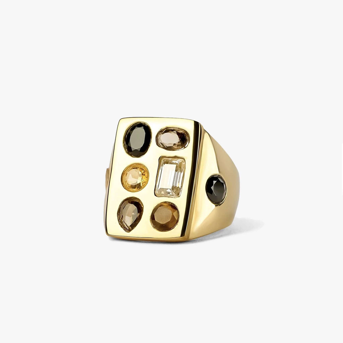 Cathy Pope Elements Collection Gold Ring - Earth featuring smoky quartz and citrine on a gold-plated brass face.