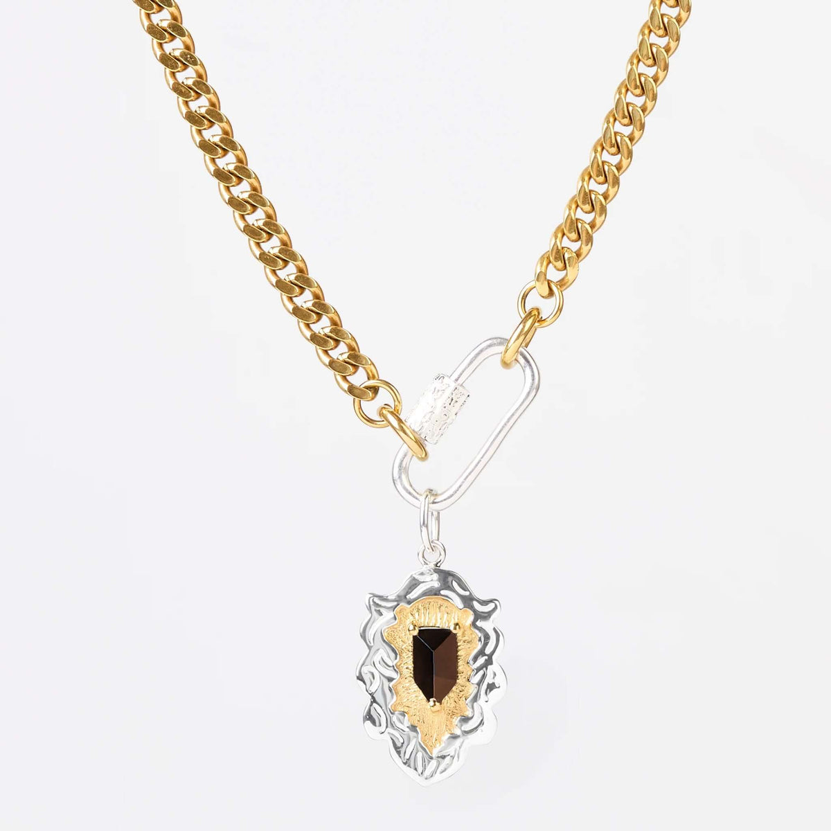 Cathy Pope Curio Crest Gold Pendant - Smokey Quartz on a gold and silver chain.