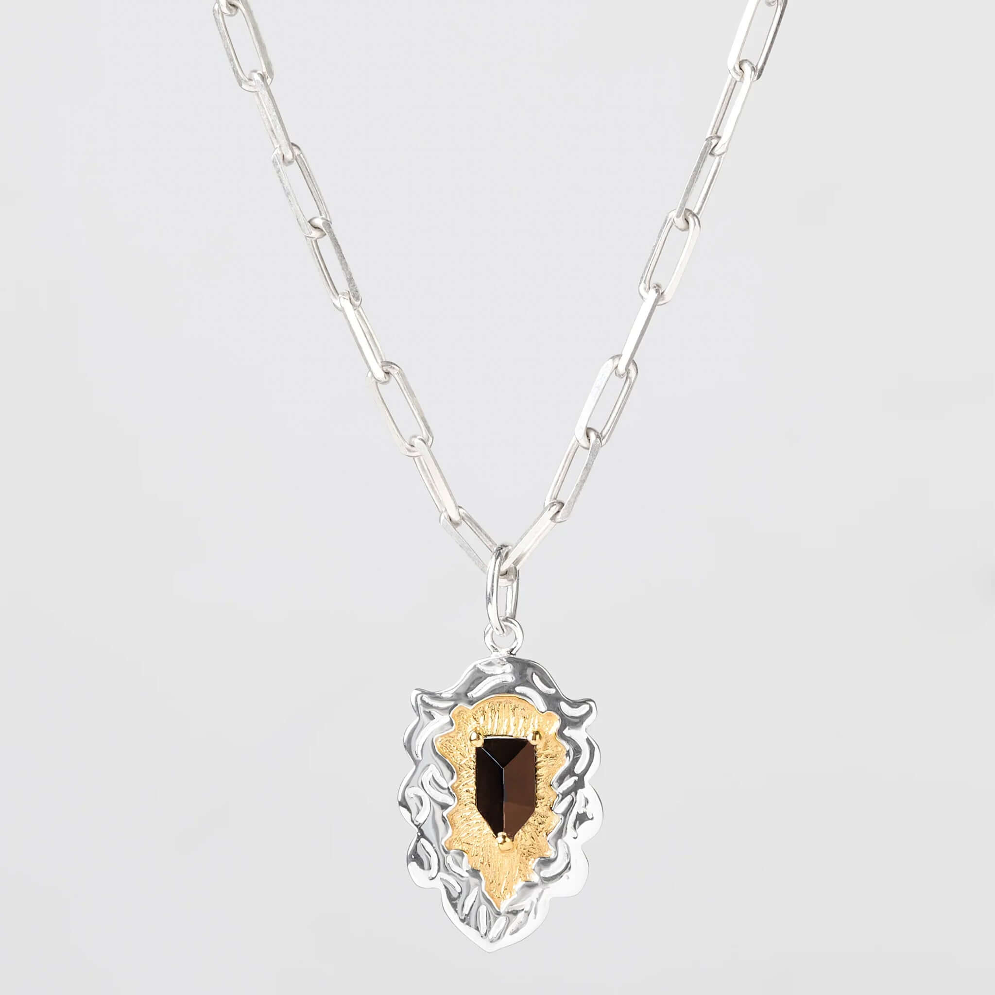 Cathy Pope Curio Crest Gold Pendant - Smokey Quartz on a silver chain, featuring onyx gemstone and 14k gold plating.