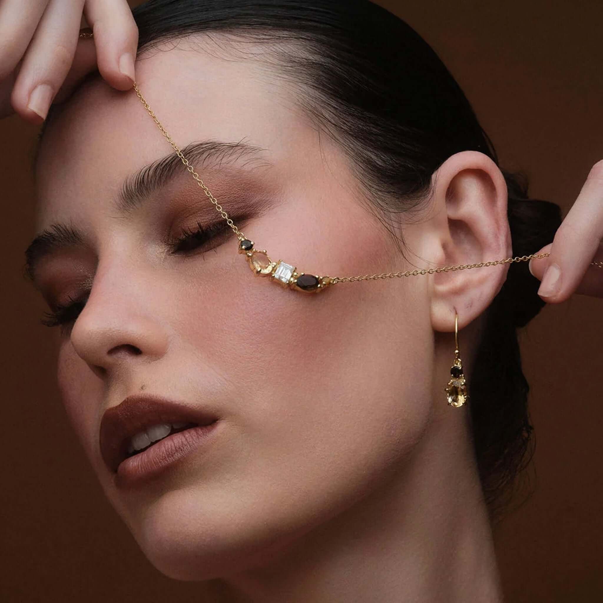 Cathy Pope Elements Collection Gold Necklace - Earth worn elegantly, showcasing smoky quartz and citrine gemstones.