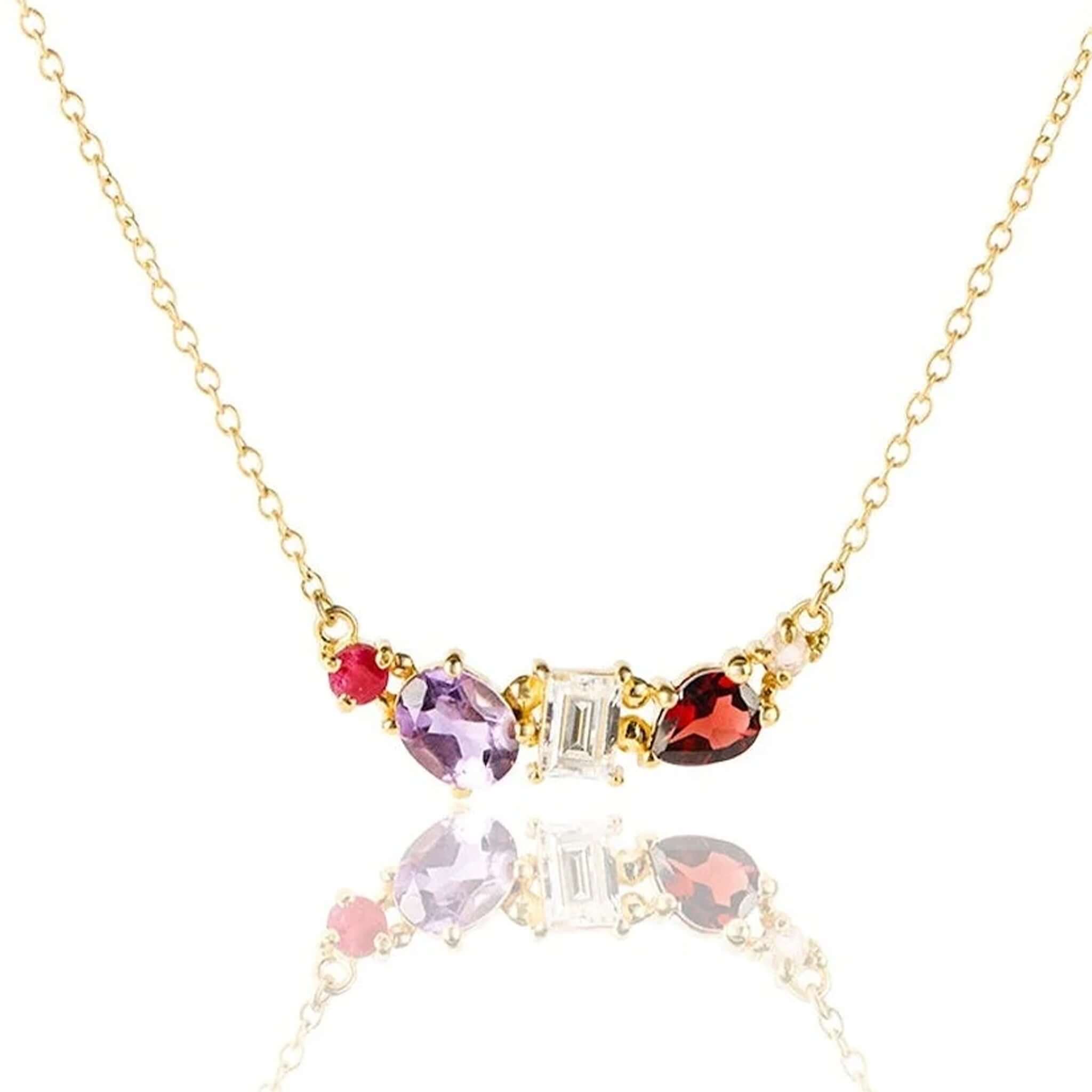 Cathy Pope Elements Collection Gold Necklace - Fire featuring amethyst, garnet, ruby, and moissanite on gold chain.