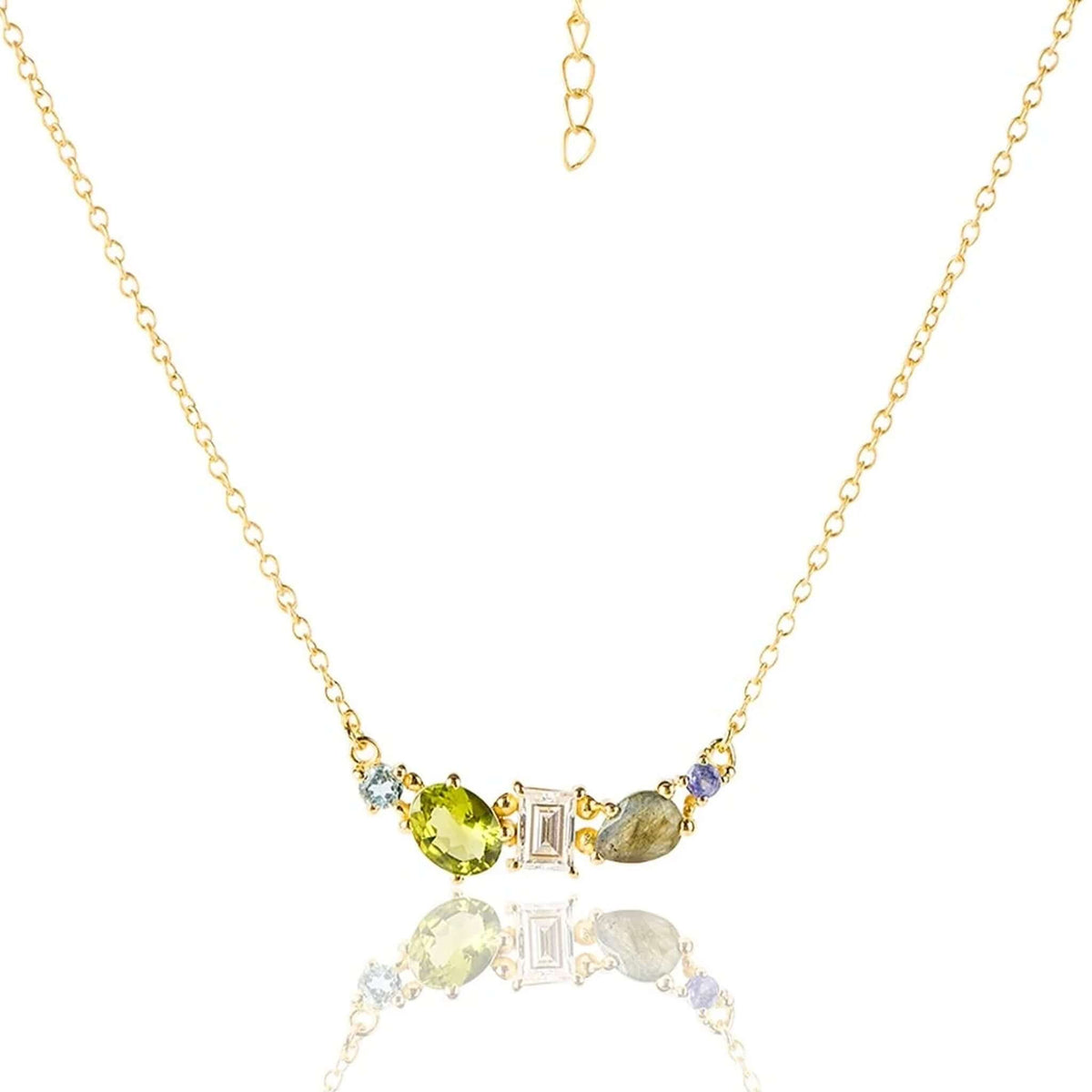 Cathy Pope Elements Collection Gold Necklace - Water featuring gemstones on a gold chain.