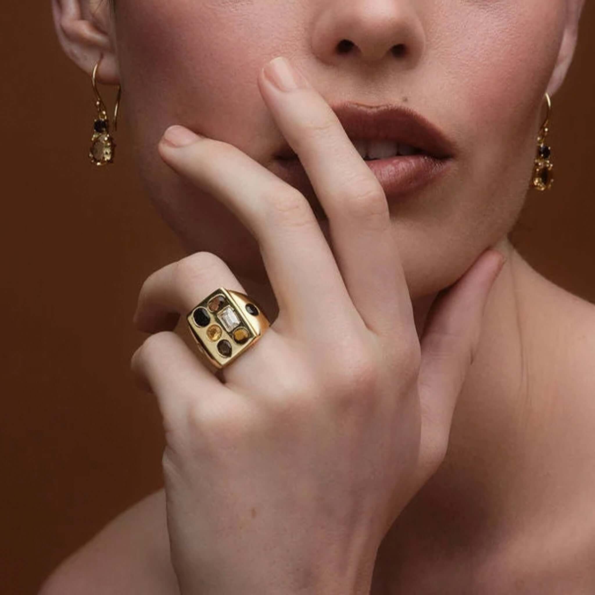 Cathy Pope Elements Collection Gold Ring - Earth worn by model showcasing its unique smoky quartz and citrine gemstones.