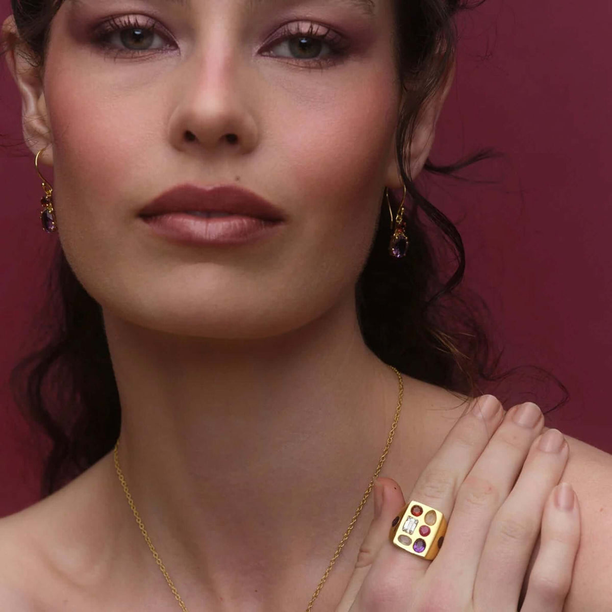Cathy Pope Elements Collection Gold Ring - Fire worn by model showcasing colorful gemstones in a bold design.