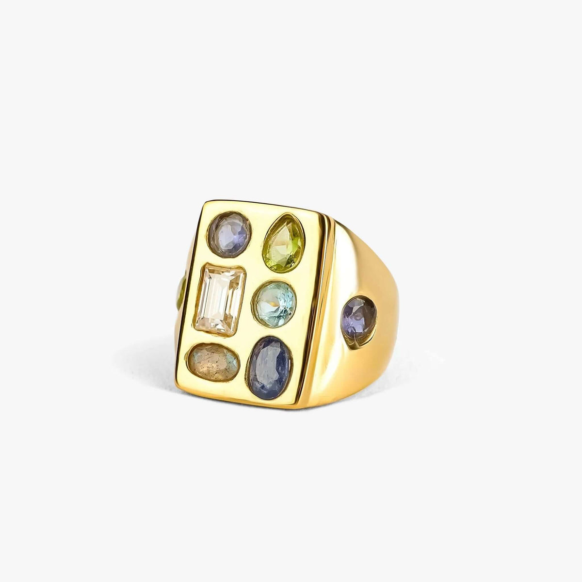 Cathy Pope Elements Collection Gold Ring - Water featuring vibrant gemstones set in gold-plated brass.