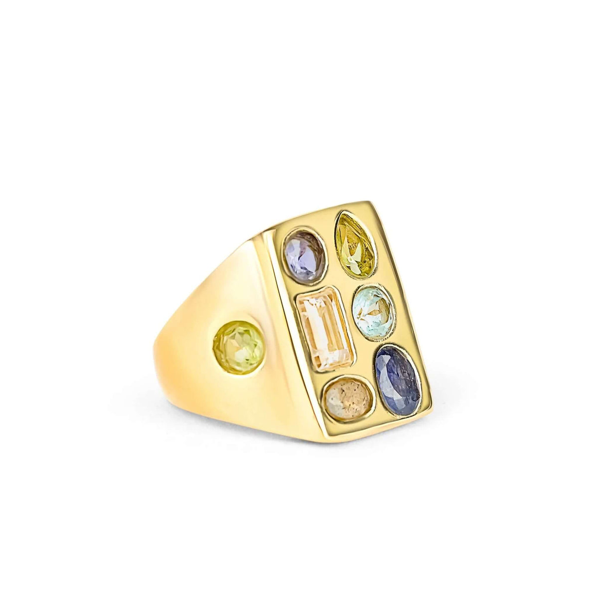 Cathy Pope Elements Collection Gold Ring - Water showcasing vibrant stones in gold-plated brass.