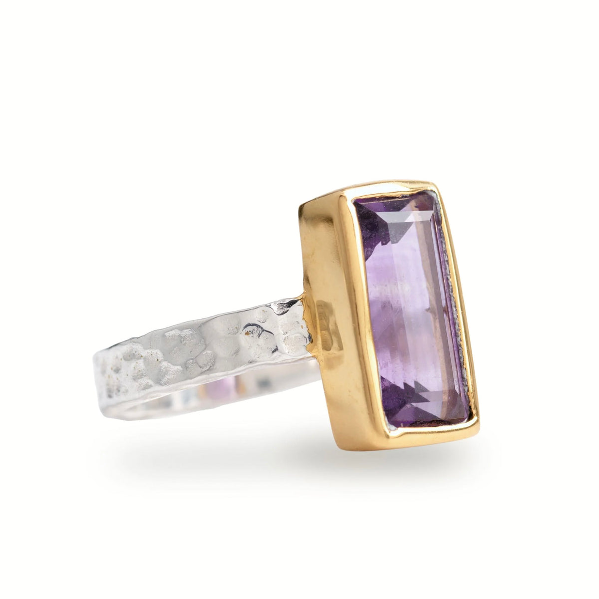 Cathy Pope Oracle Gold & Silver Ring - Amethyst, angled view of the gold set amethyst