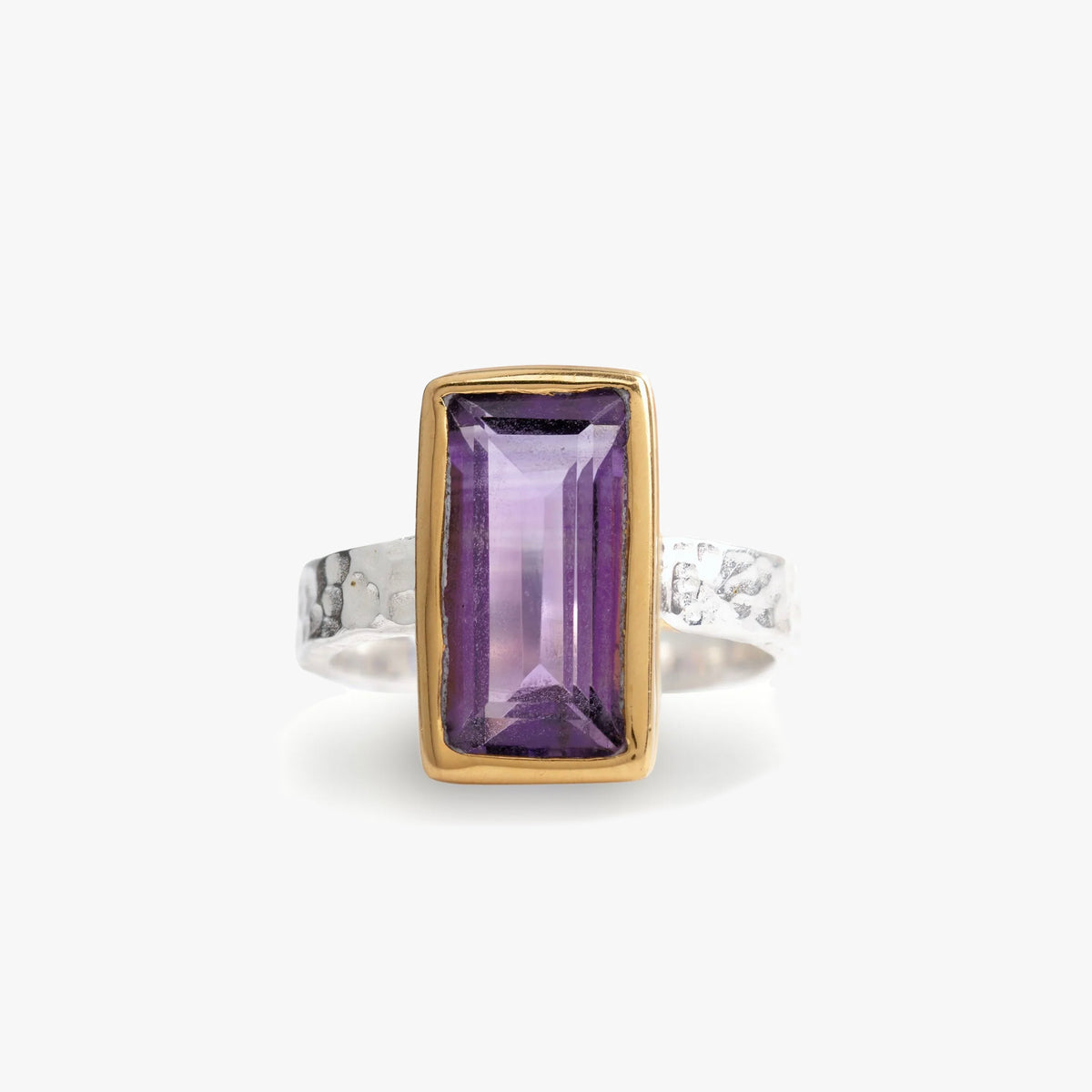Cathy Pope Oracle Gold & Silver Ring - Amethyst, amethyst baguette on a hammered silver band
