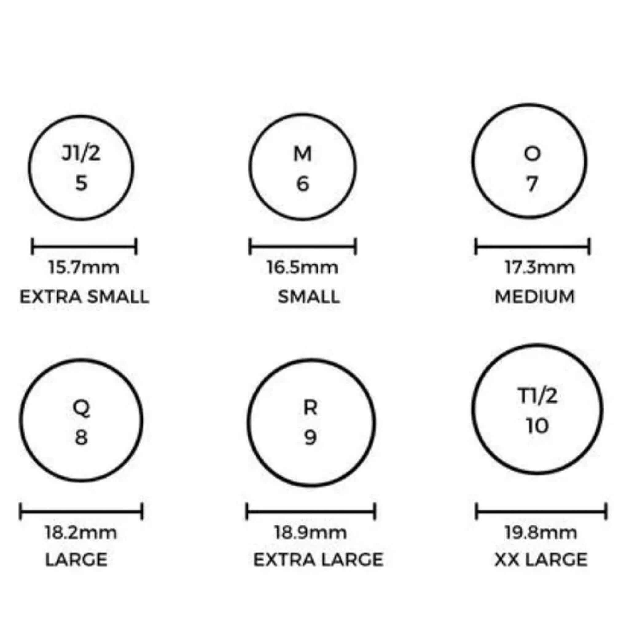 Cathy Pope Oracle Gold & Silver Ring - Blue Topaz size chart with ring measurements and sizes.