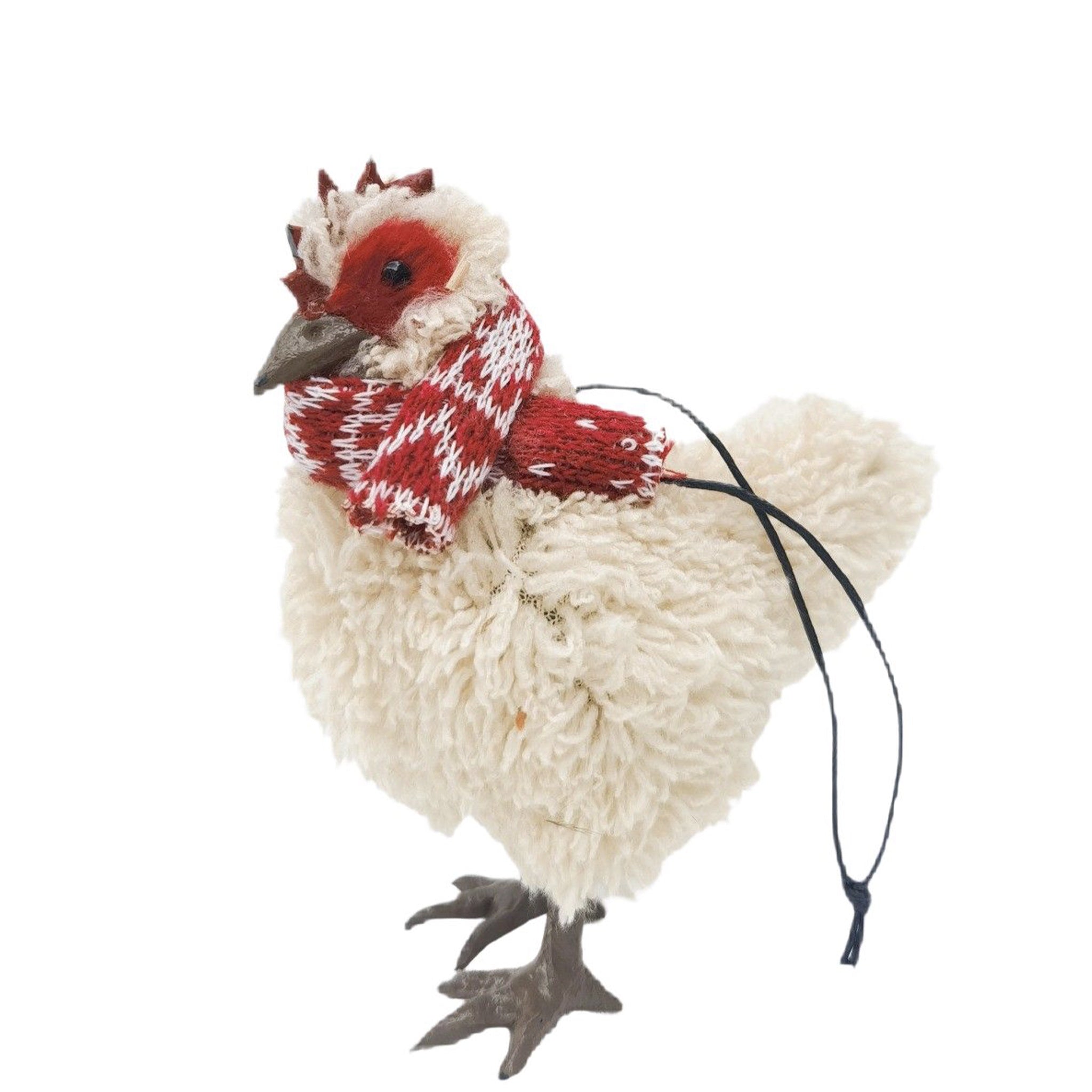 Plush chicken decoration with a red and white patterned scarf on a white background