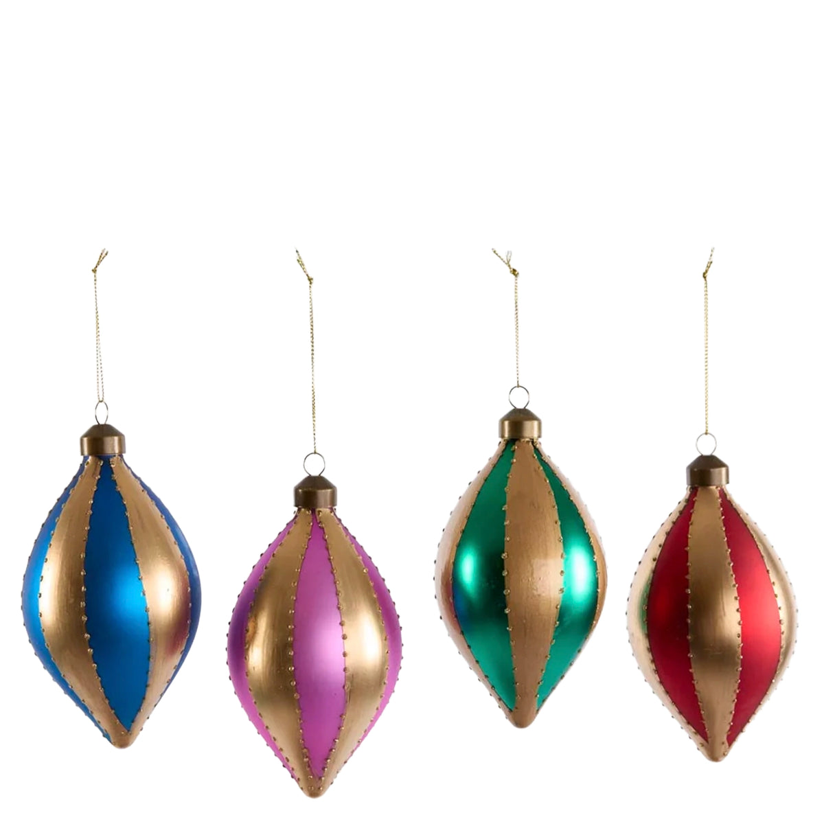 Christmas Carnival Glass Baubles Set - Multicolour Teardrop, 4 glass teardrop baubles with gold panels