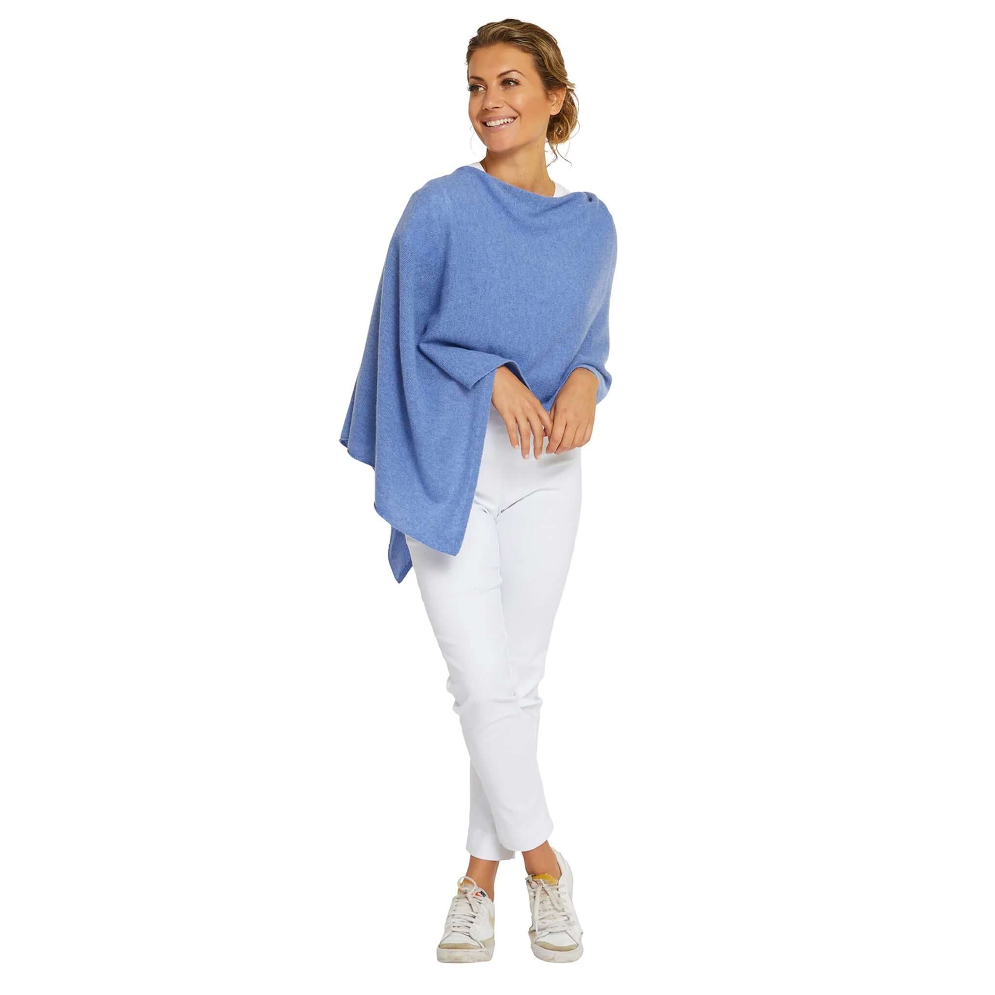 Esperance & Co Classic Cashmere Topper - Cornflower Blue worn as a chic wrap poncho, versatile 2-ply pure cashmere layering piece