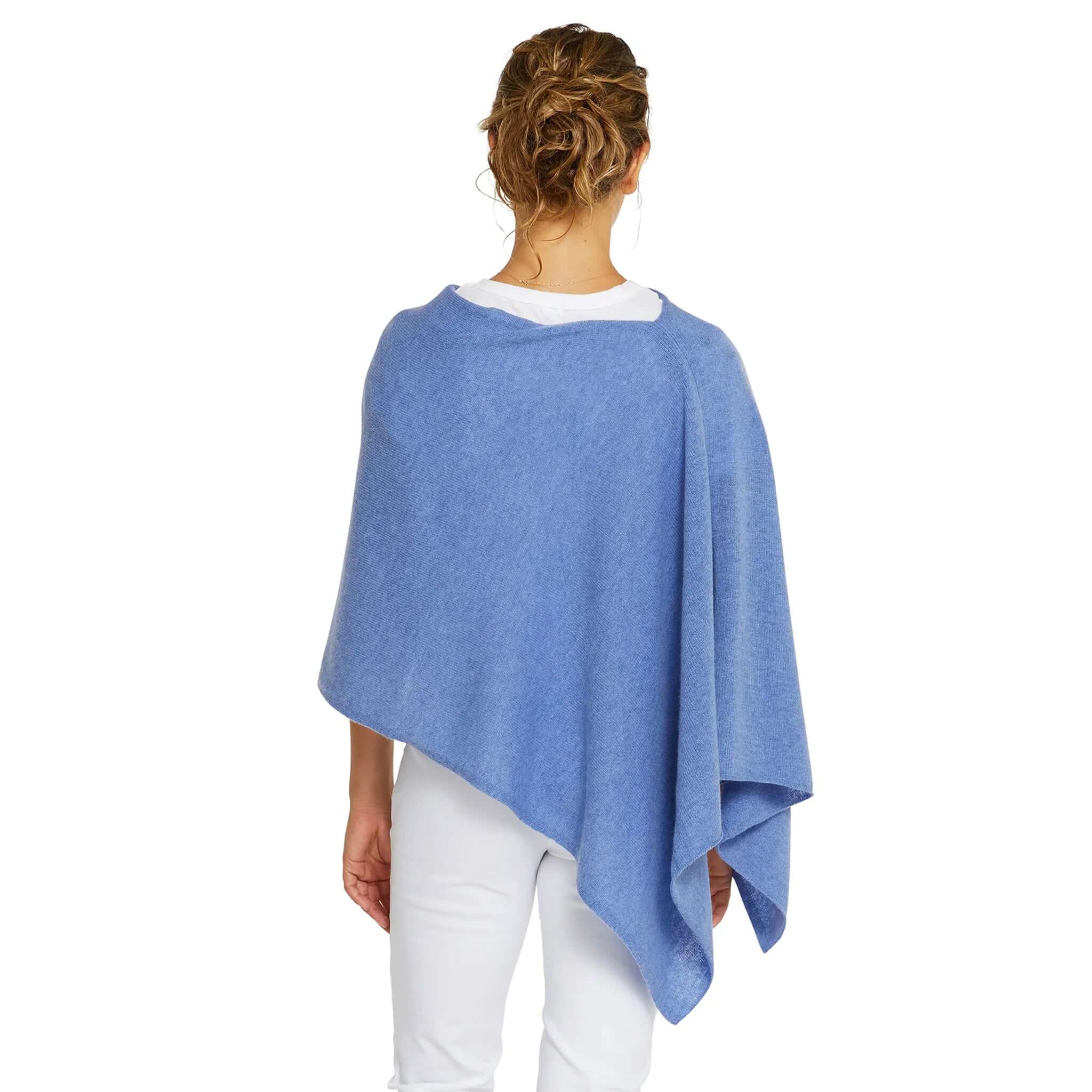 Alt Tag: Esperance & Co Classic Cashmere Topper - Cornflower Blue worn as wrap, back view, soft 2-ply cashmere travel layering accessory