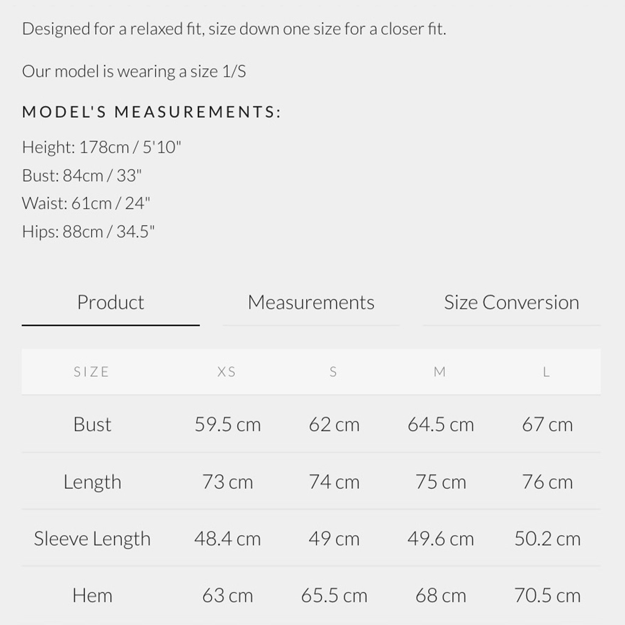 Product size chart with measurements and conversion details.
