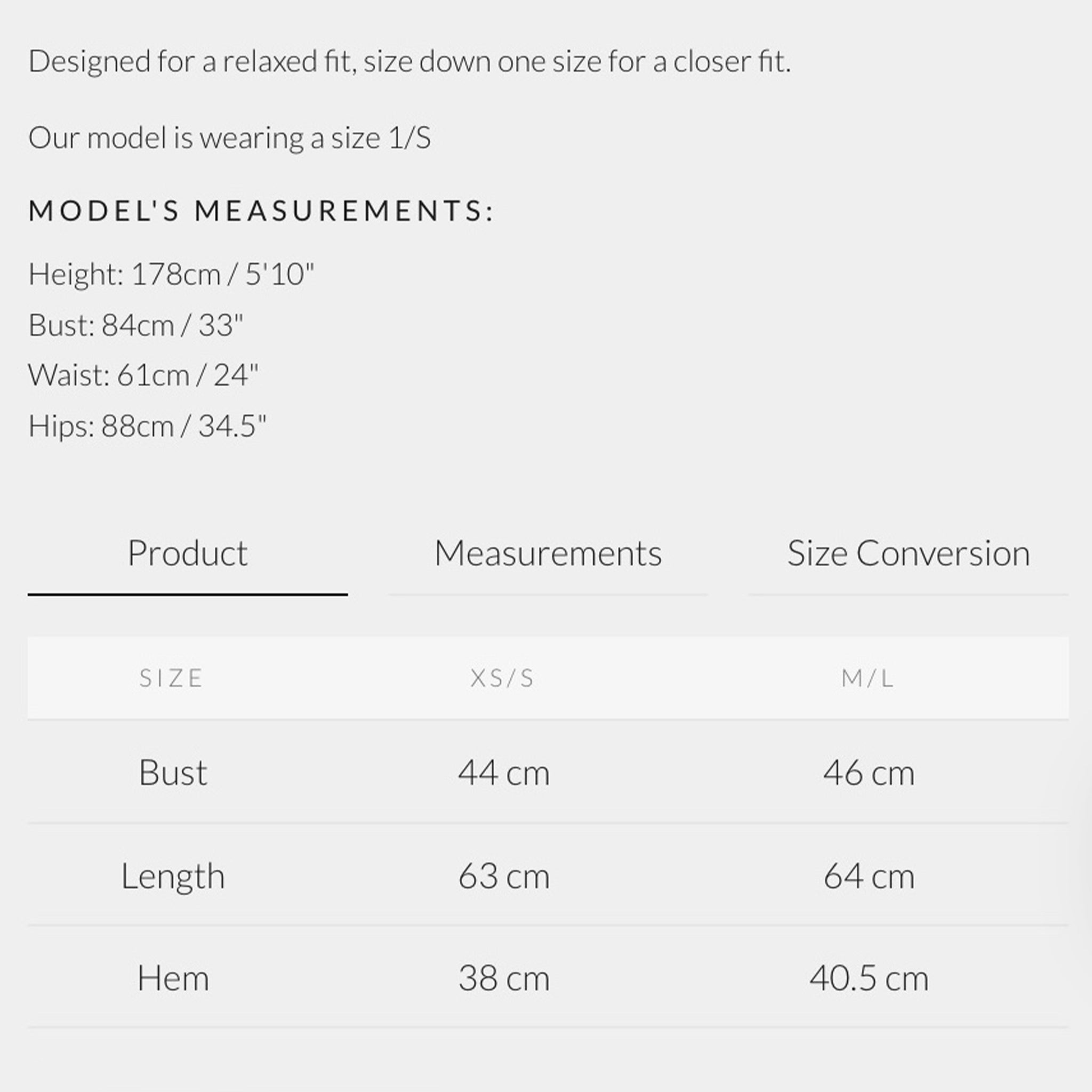Measurement chart for a product with size conversion details.