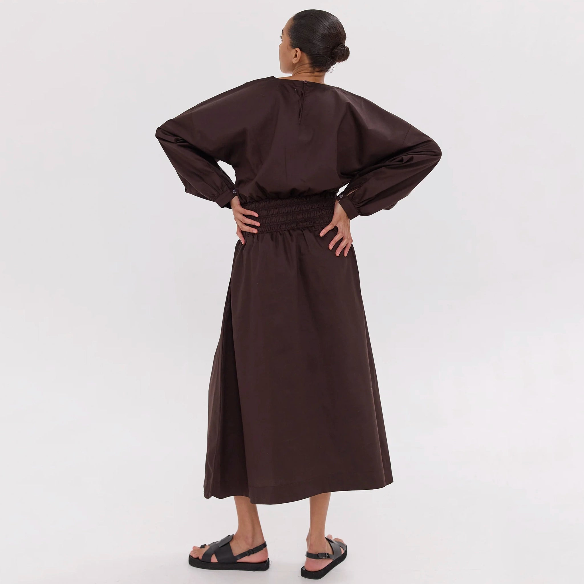 Cloth & Co The Shirred Billow Sleeve Dress - Brazil Nut