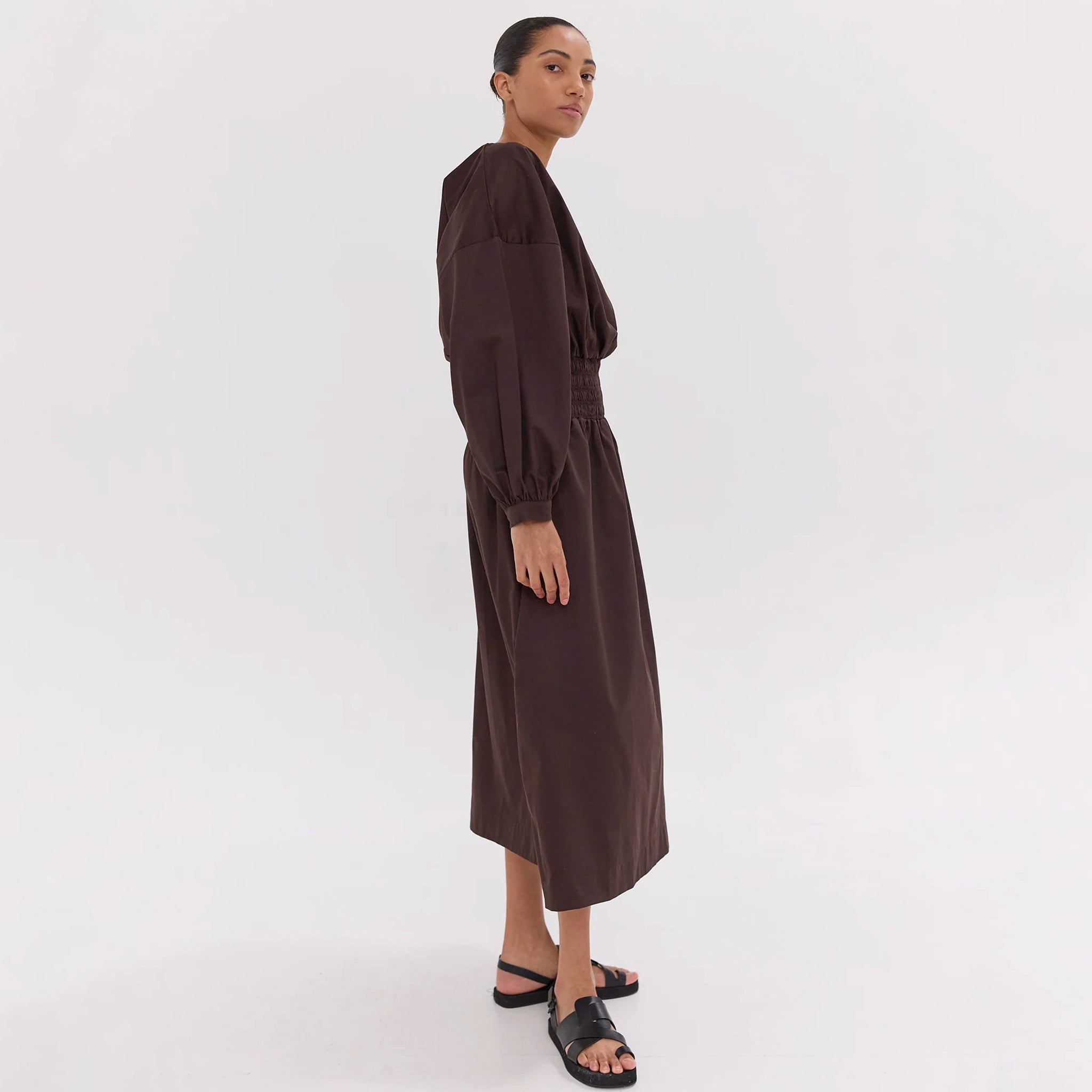 Cloth & Co The Shirred Billow Sleeve Dress - Brazil Nut