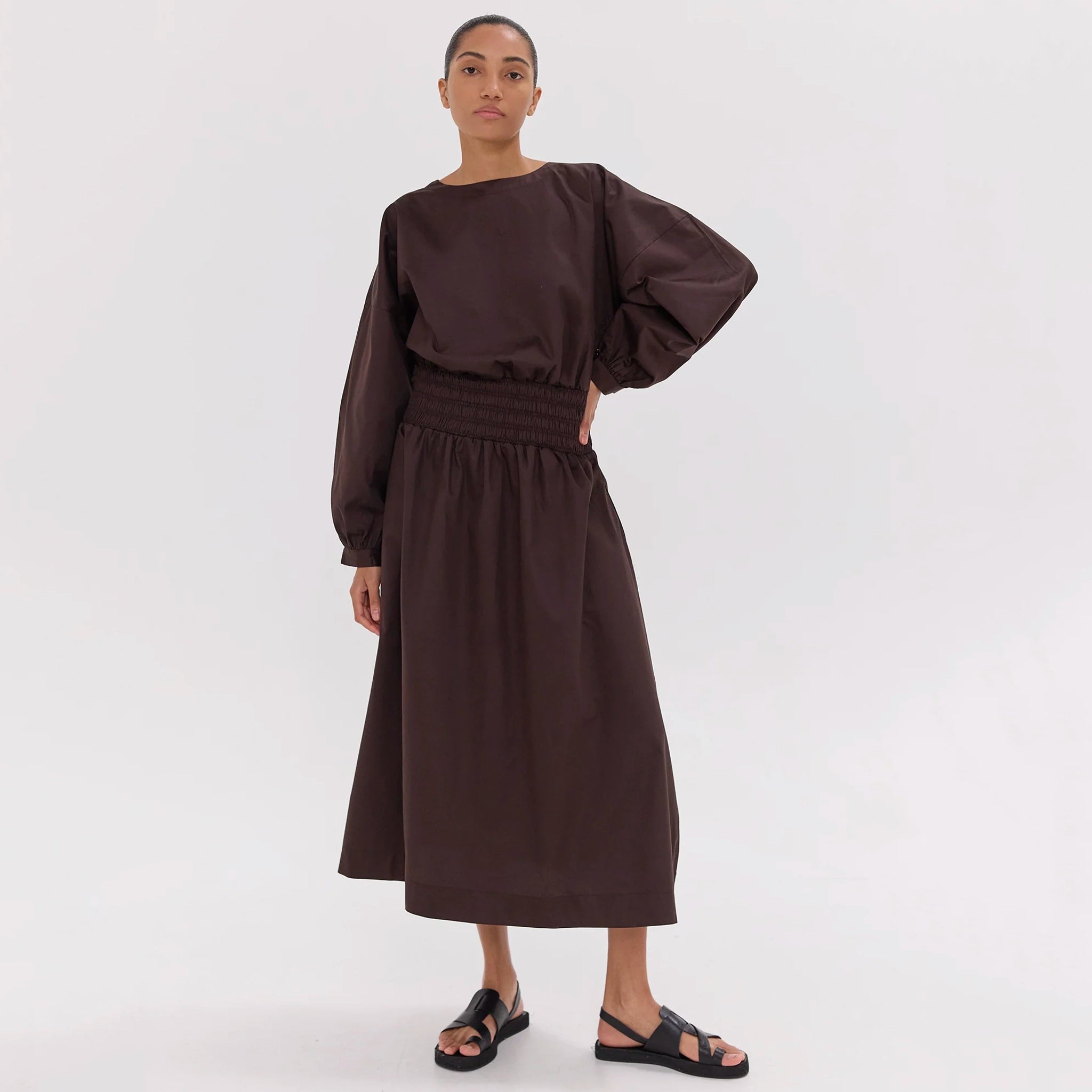 Cloth & Co The Shirred Billow Sleeve Dress - Brazil Nut