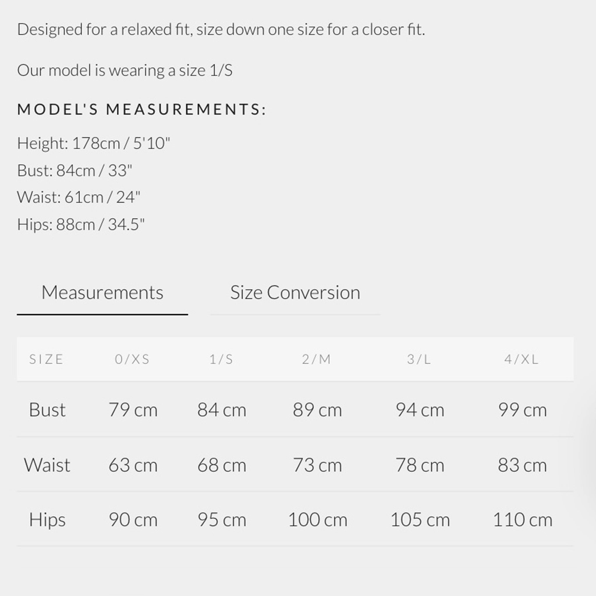 Measurement chart for clothing with model's dimensions and size conversion table.