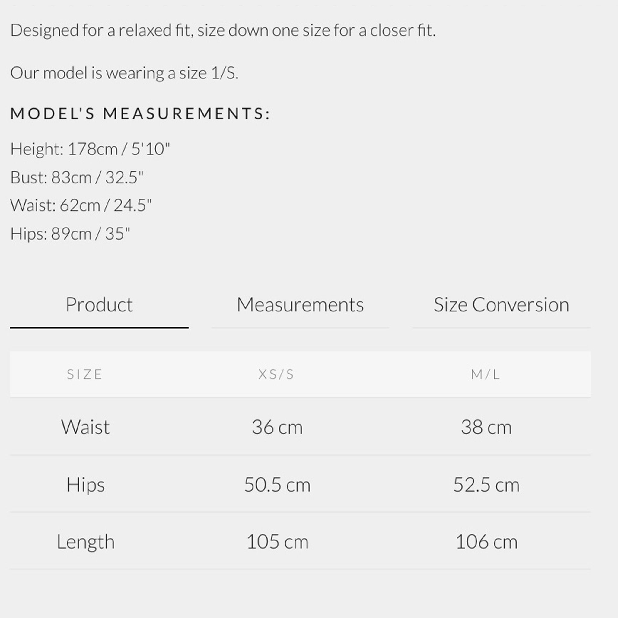 Measurement chart for a product with size conversion details.