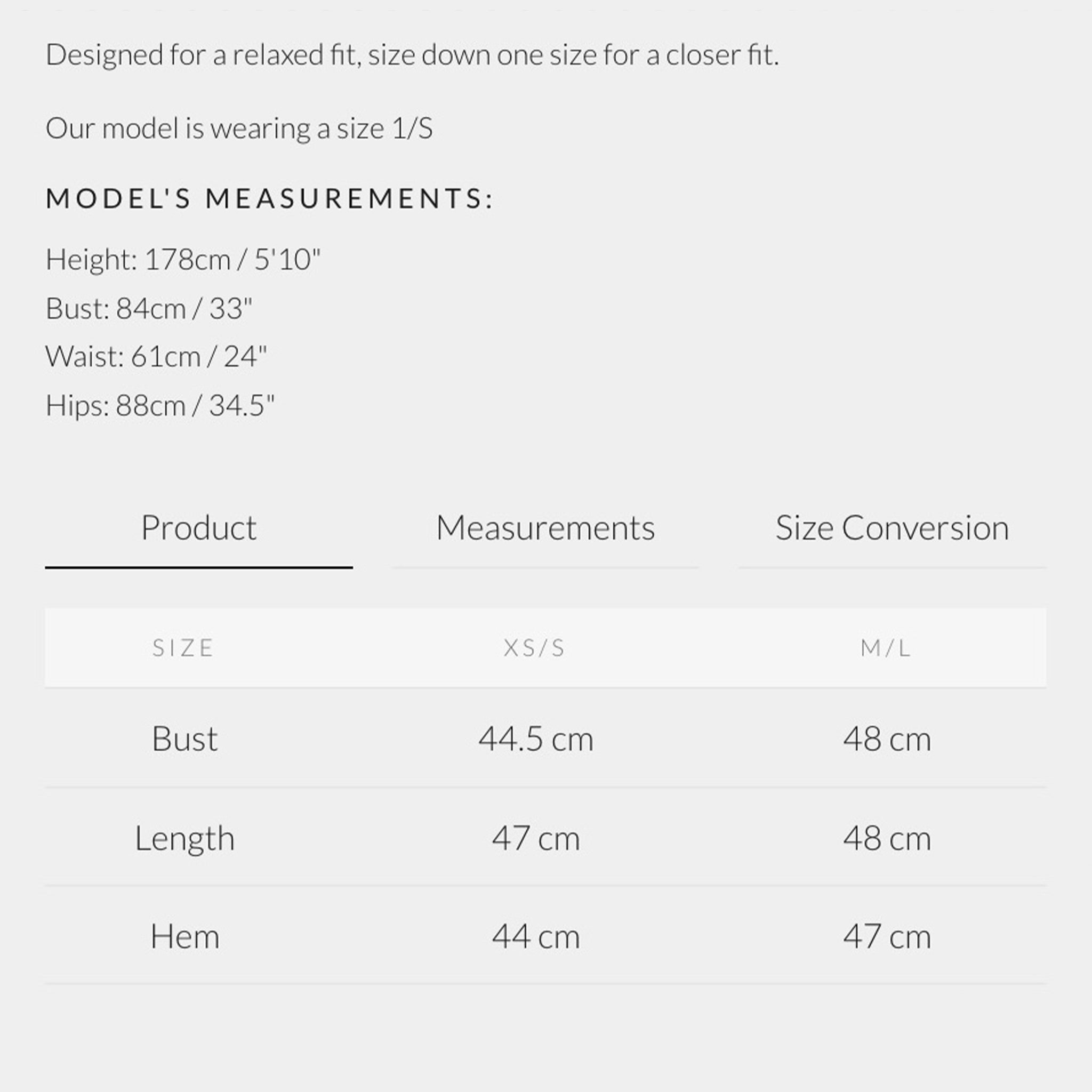 Measurement chart for clothing with product sizes, measurements, and size conversion details.