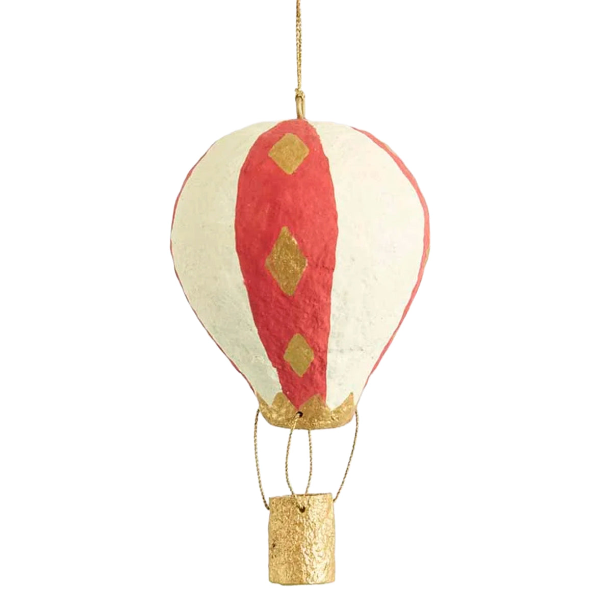Cotton Mâché Hot Air Balloon Christmas Decoration - 10cm Red Stripe, red and cream striped balloon ornament with gold accents