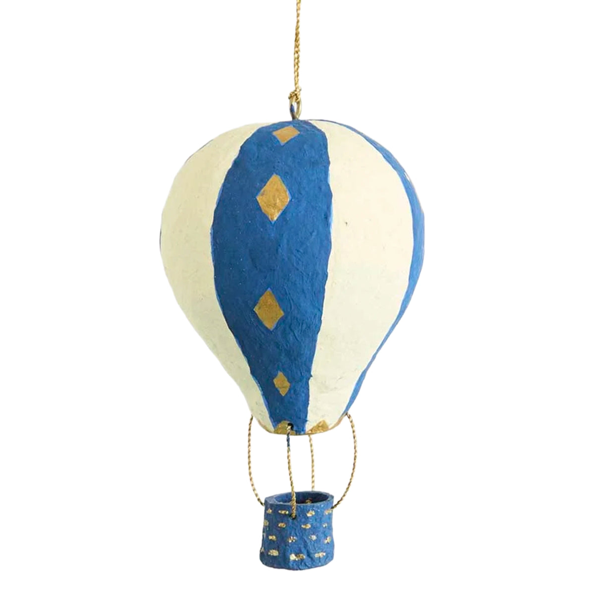 Cotton Mâché Hot Air Balloon Christmas Decoration - 10cm Blue Stripe, blue and cream striped balloon ornament with gold accents