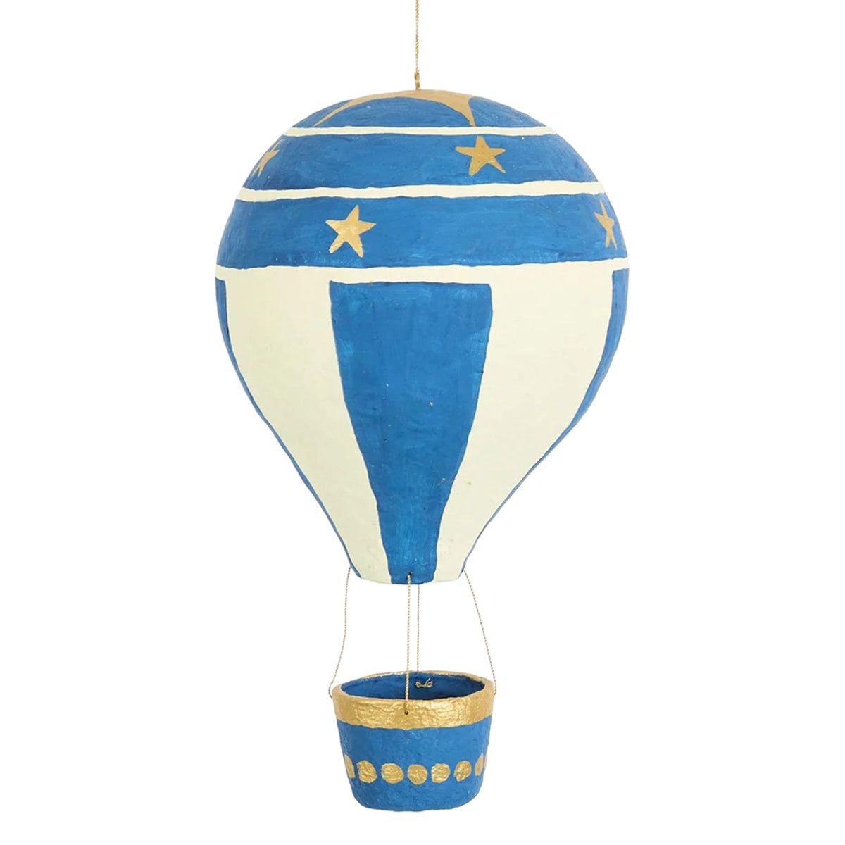Cotton Mâché Hot Air Balloon Christmas Decoration - 32cm Blue, hand-painted blue and cream balloon with gold stars