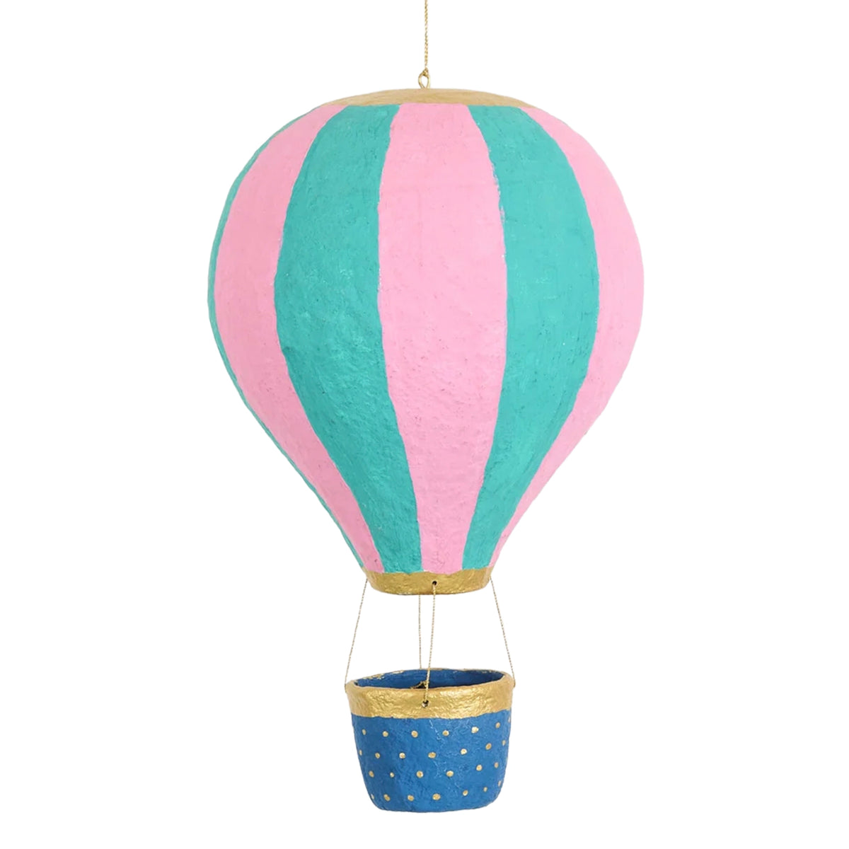 Cotton Mâché Hot Air Balloon Christmas Decoration - 32cm Pink Multi Stripe, hand-painted pink and teal balloon ornament