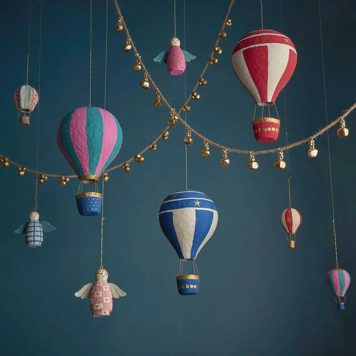 Cotton Mâché Hot Air Balloon Hanging Christmas Decoration - 10cm high Blue Stripe