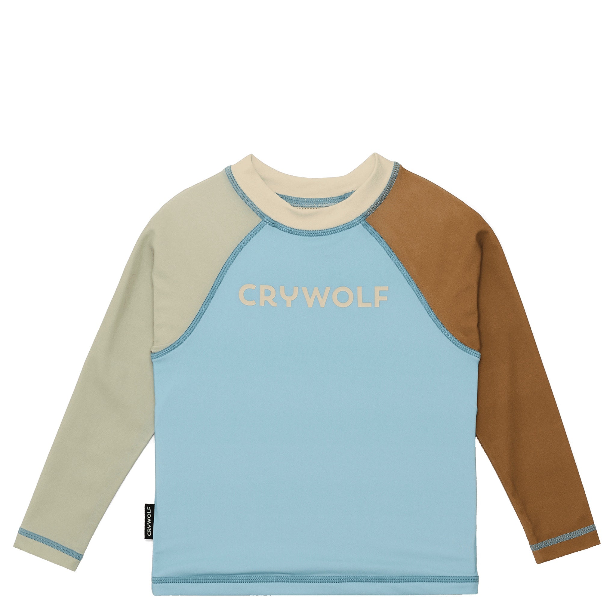 Brown and blue rash vest on a white background